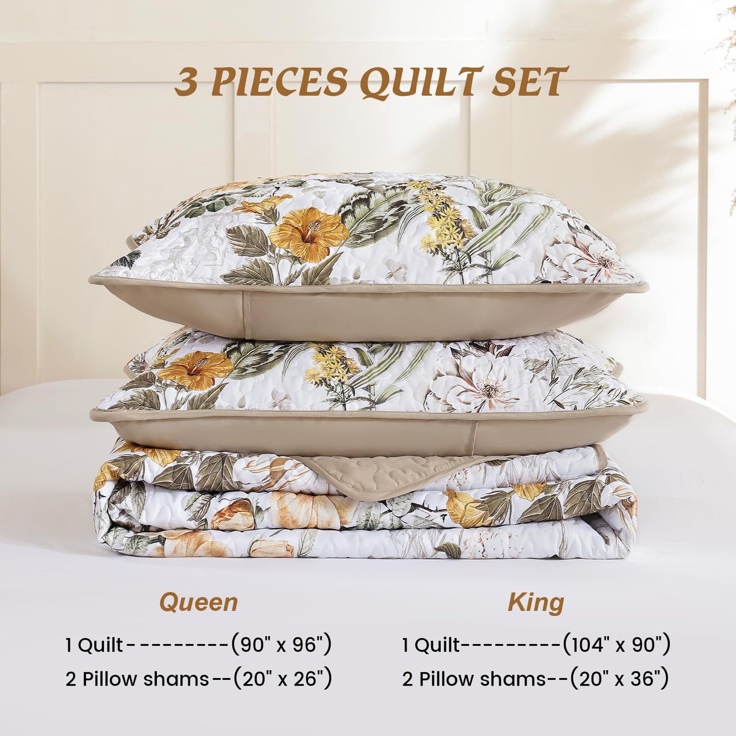 Anibedding Floral Quilt Set Queen Size,Brown Bontanical Quilt Queen Size,Garden Style Bedspread with Soft Lightweight Reversible Coverlet Set for All Season(96"x90")