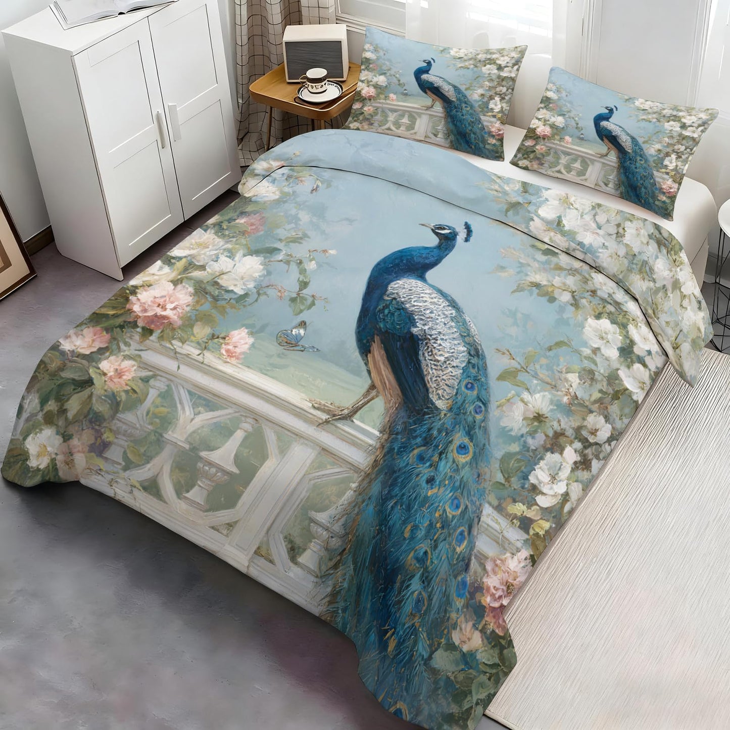 Blue Peacock Comforter Cover 68" x 90", Bird and Floral Bedding Twin Size, Chinoiserie Duvet Cover with 2 Pillowcases