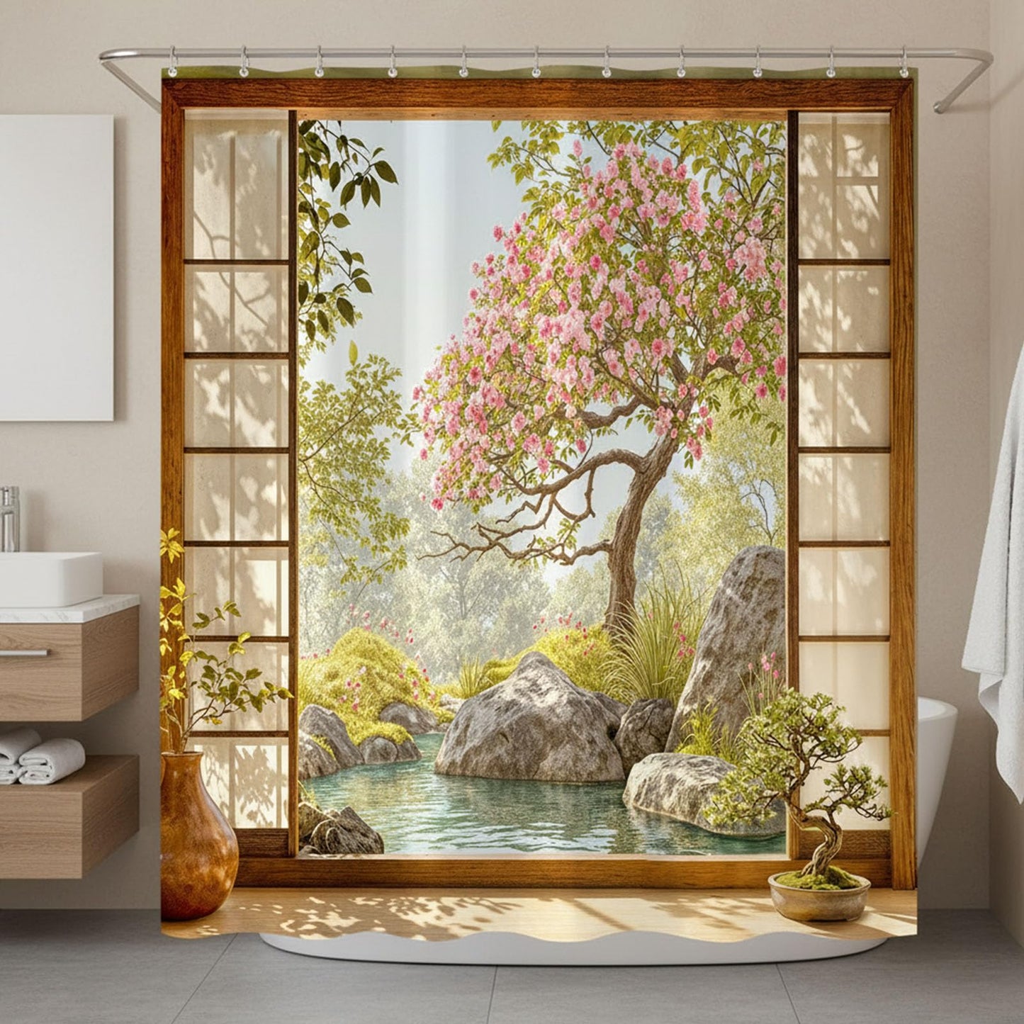 Lifeel Japanese Zen Garden Shower Curtain, Sakura Rock Pond Oriental Peaceful Scenery Bathroom, 72x72 inch