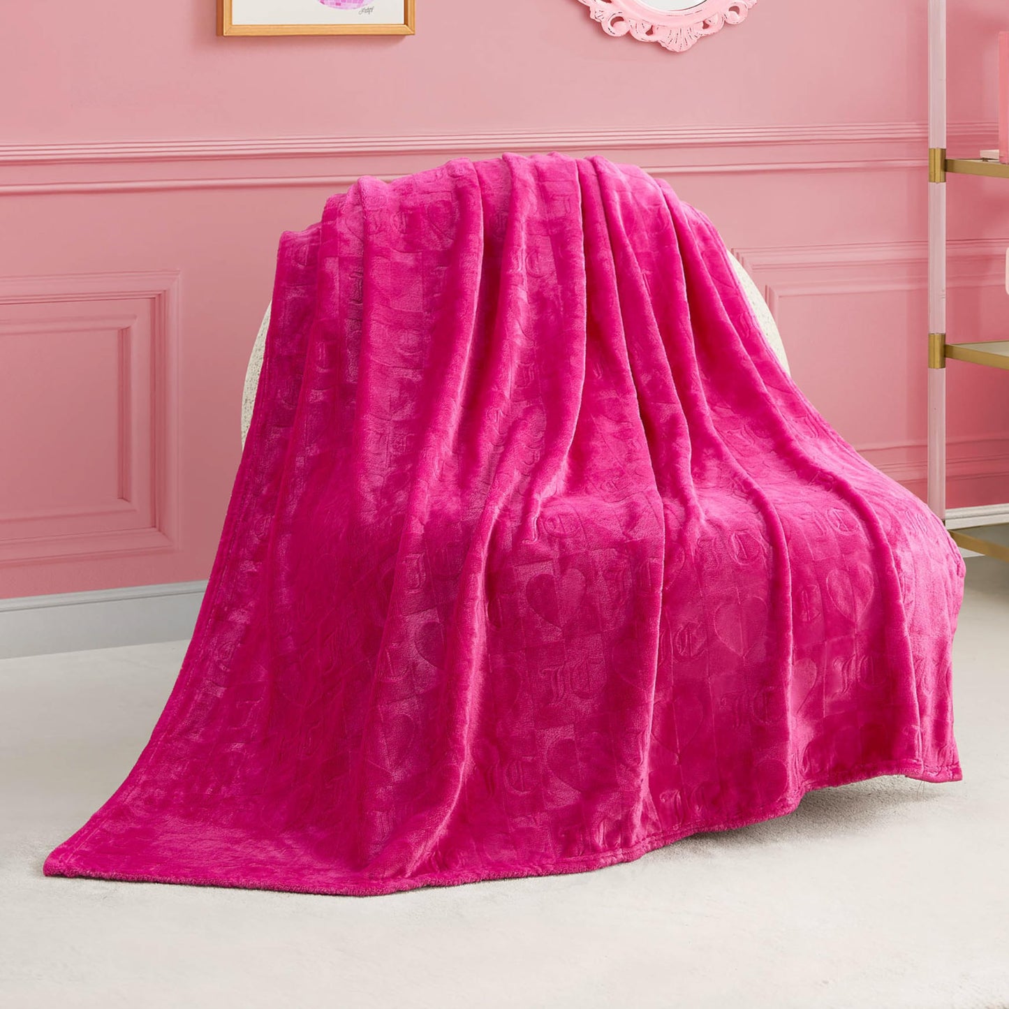 Juicy Couture Embossed Heart 50" x 70" Plush Throw Blanket, Hot Pink - Decorative Blankets for Sofas, Throws for Chairs, and Beds