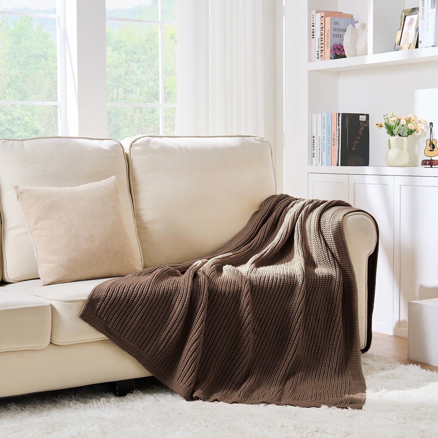 Chunky Knit Brown Throw Blanket for Couch Soft Cozy Thick Knitted Blanket for Sofa Bed, Breathable All-Season Cute Decorative Throw for Living Room, 50"x60",Dark Brown