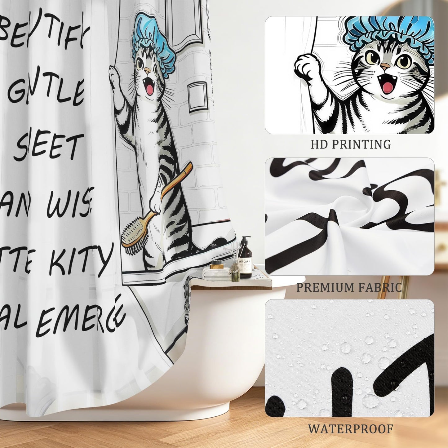 GICDSU Funny Cat Shower Curtain, Black and White Fun Cute Animal Shower Curtains for Bathroom, Farmhouse Waterproof Polyester Fabric Bath Curtain with 12 Hooks, 72x72 Inches