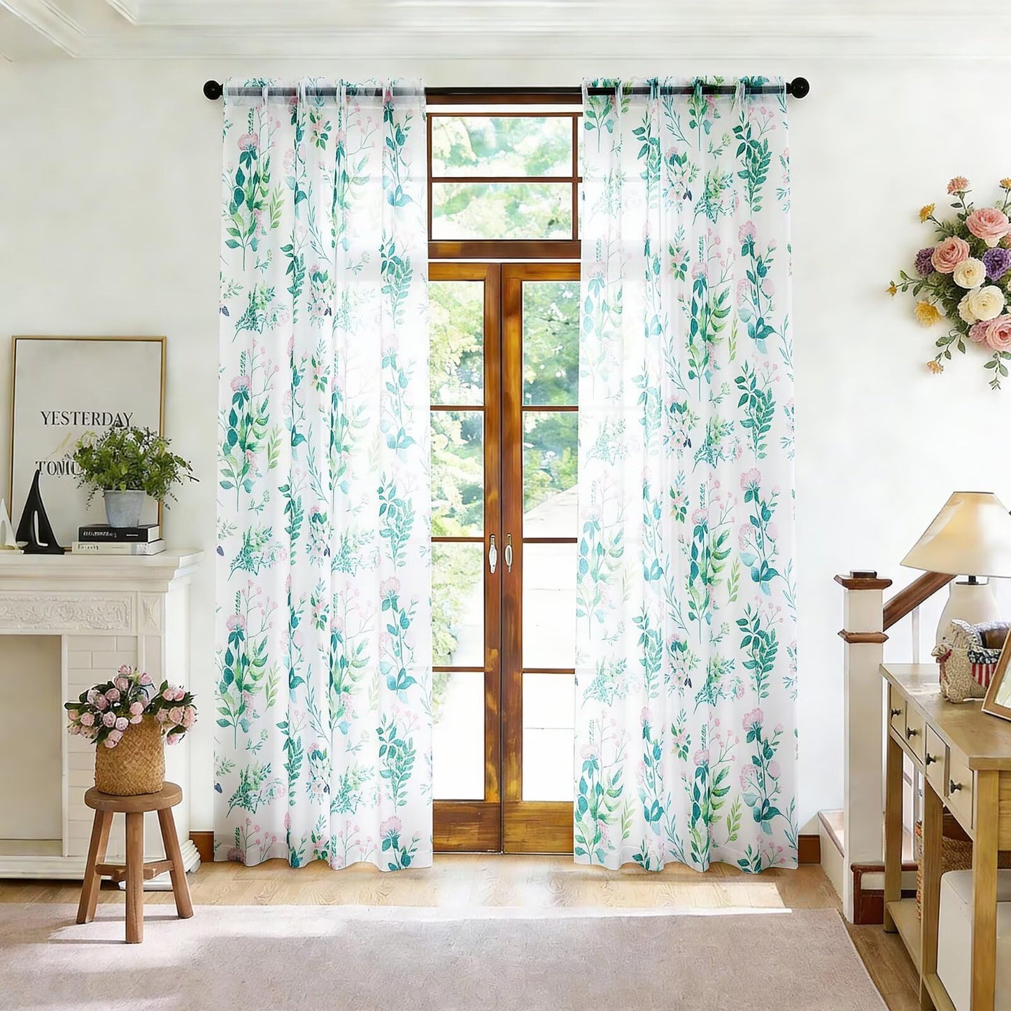 youleyar Floral Sheer Curtains for Living Room 84 Inches Long 2 Panels White Semi-Sheer Curtain with Pink Floral Printed Pattern Summer/Spring Rod Pocket Voile Drapes for Bedroom, 52" W x 84" L