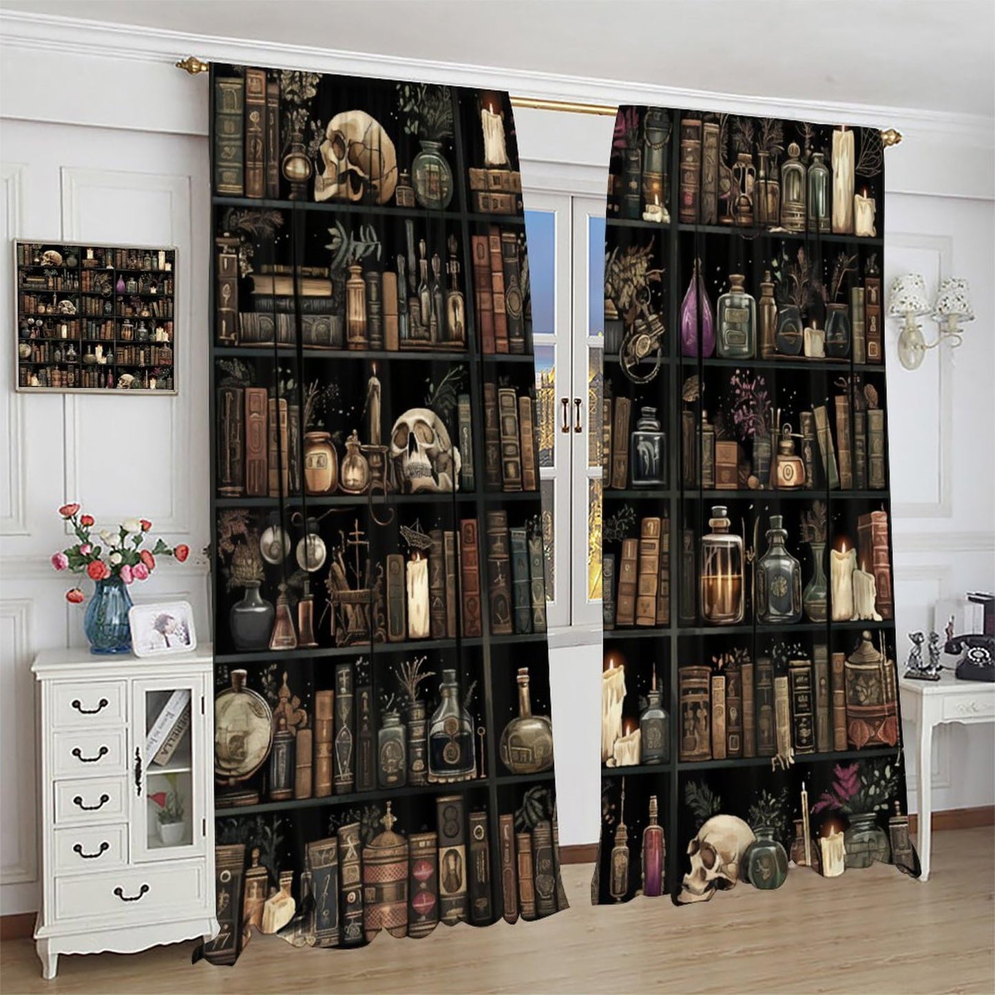 TOWINSFB Gothic Library Book Blackout Curtains, Retro Bookshelf Skull Floral Candles Home Decor Rod Pocket Window Drapes for Living Room Bedroom - 45" L x 42" W