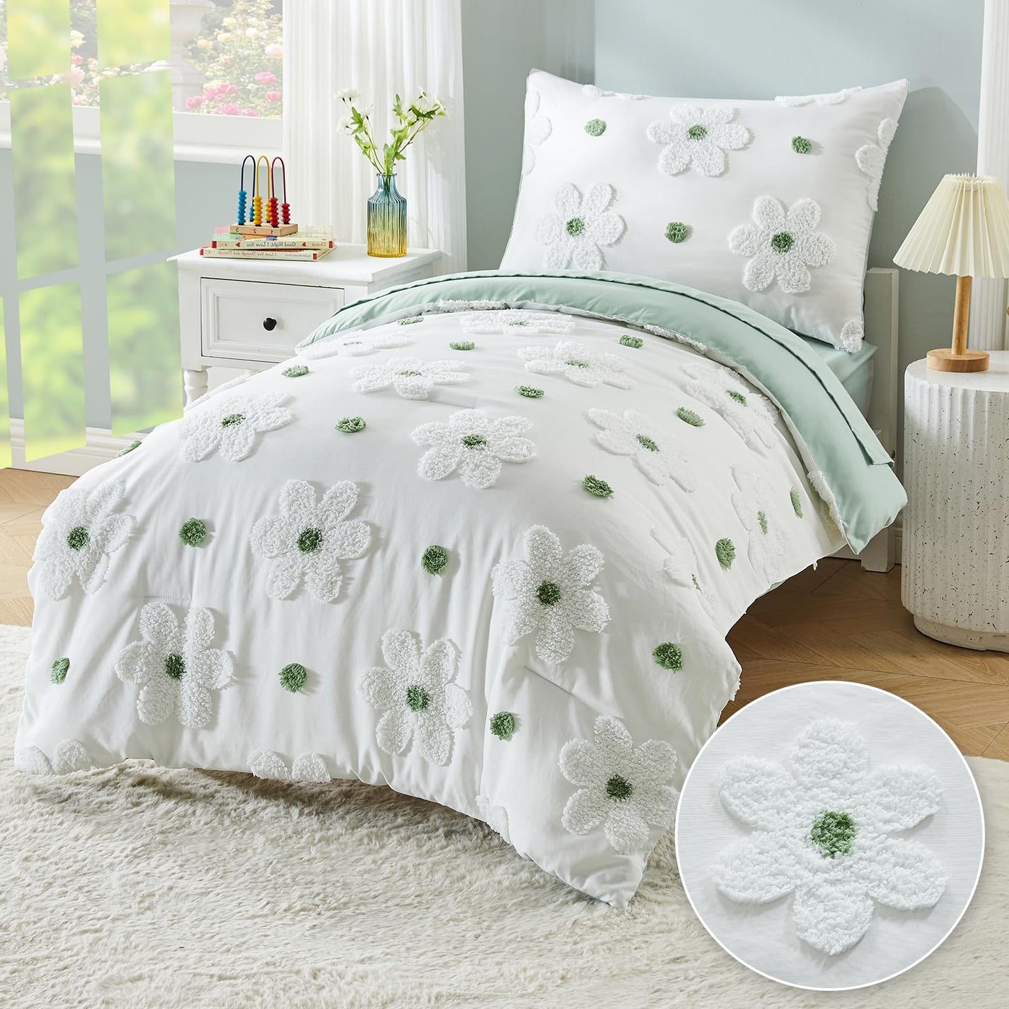Toddler Bedding Set for Girls 4-Piece Sage Green Boho Tufted Daisy Flowers Toddler Comforter Set Bed-in-a-Bag Toddler Sheets Bedroom Set with Toddler Comforter, Flat Sheet, Fitted Sheet, Pillowcase