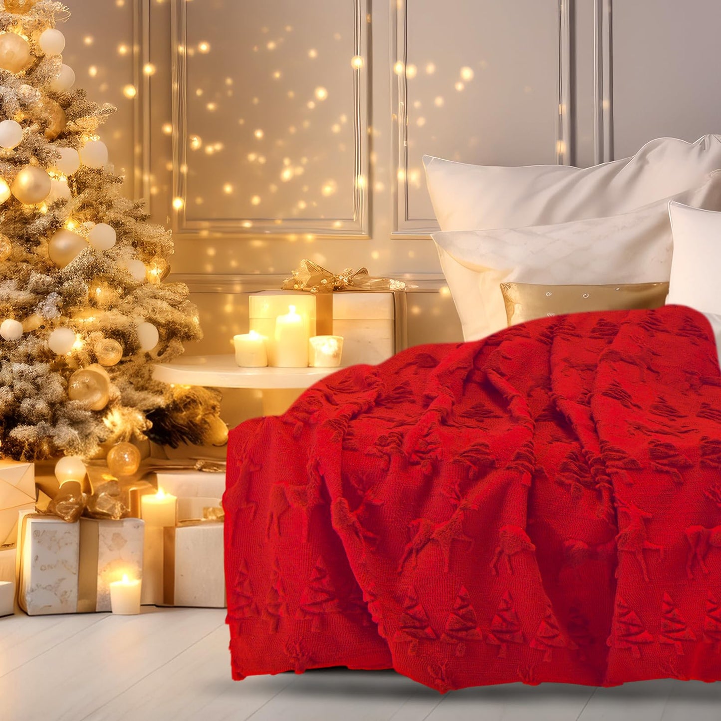 Tegeme Christmas Throw Blanket 3D Red Christmas Reindeer Throw Blanket 50" x 60" Winter Xmas Holidays Dutch Velvet Faux Rabbit Fur Decorations Cozy Soft Lightweight Gift for Home Living Room Bed Sofa