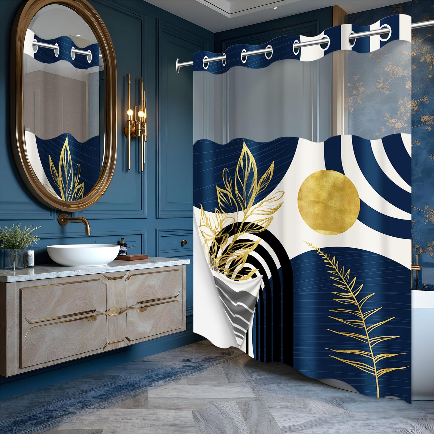 Boho Mid Century Modern Hookless Shower Curtain with Snap in Liner, Navy Blue and Gold No Hook Double Layer Shower Curtains and Liner Set, Waterproof Cloth Fabric, 60" W X 74" L