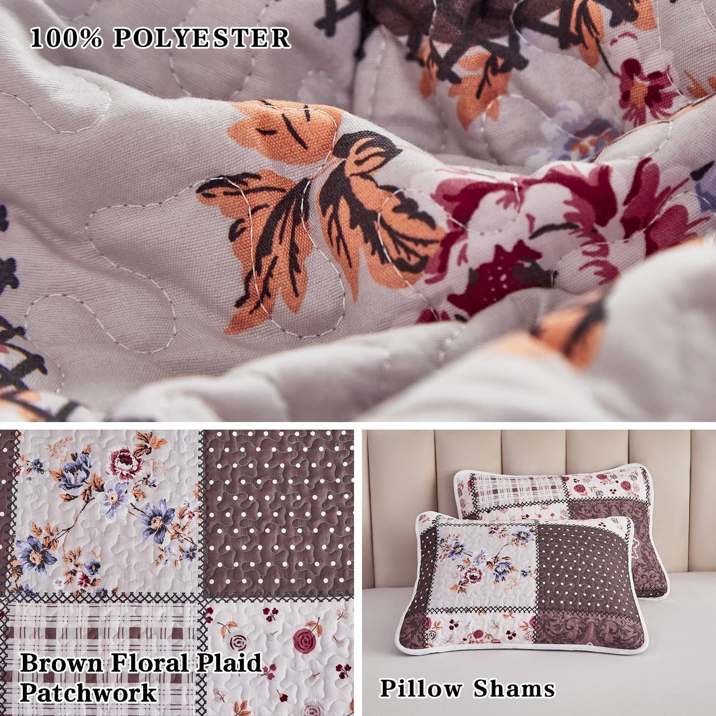 Patchwork Quilt Set Full/Queen Size, 3 Pieces Brown Floral Plaid Summer Bedspread Coverlet Set, Soft Microfiber Reversible Lightweight Bed Cover for All Season (90" x 90", 1 Quilt+ 2 Pillow Shams)