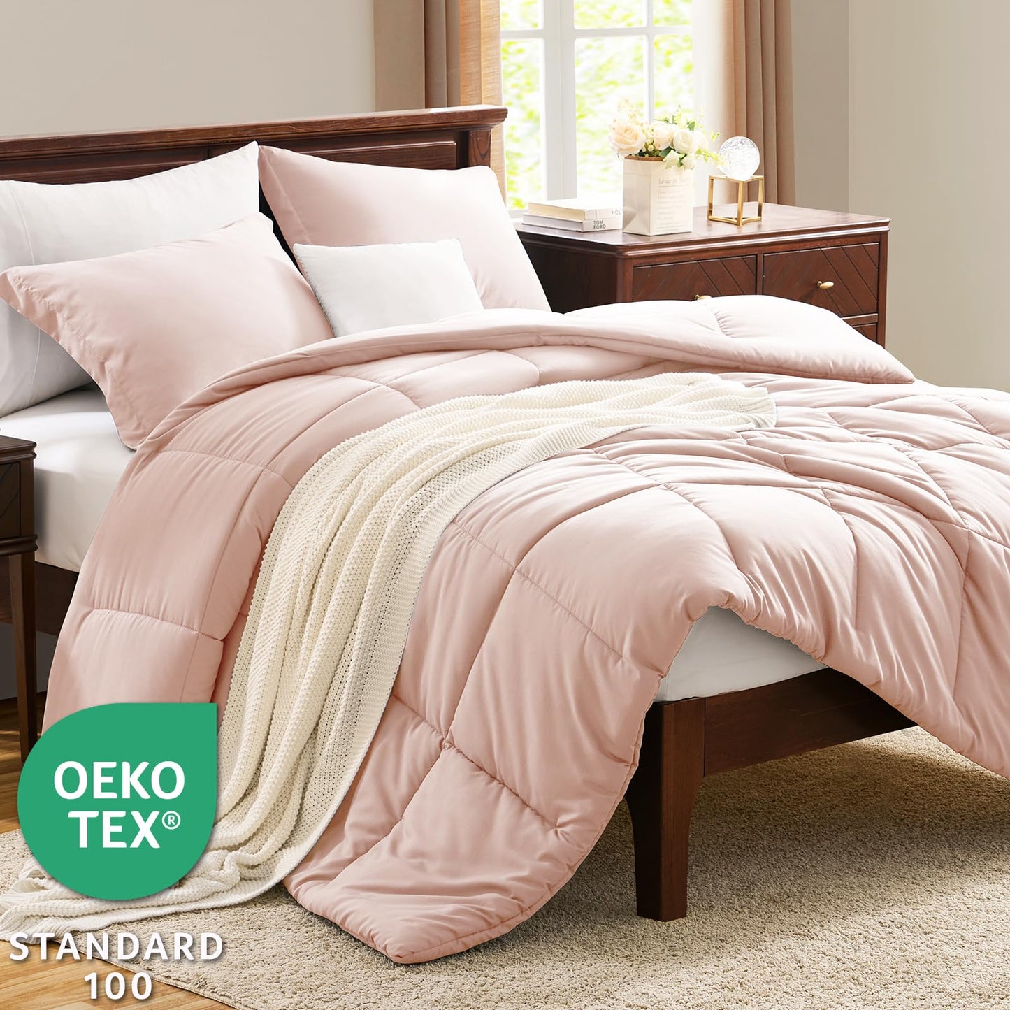 CozyLux Queen Comforter Set - 270GSM Blush Pink Bedding Sets for All Seasons, 3 Pieces Box Stitched Bed Set with 1 Down Alternative Comforter and 2 Pillow Shams, Soft, Lightweight, Breathable