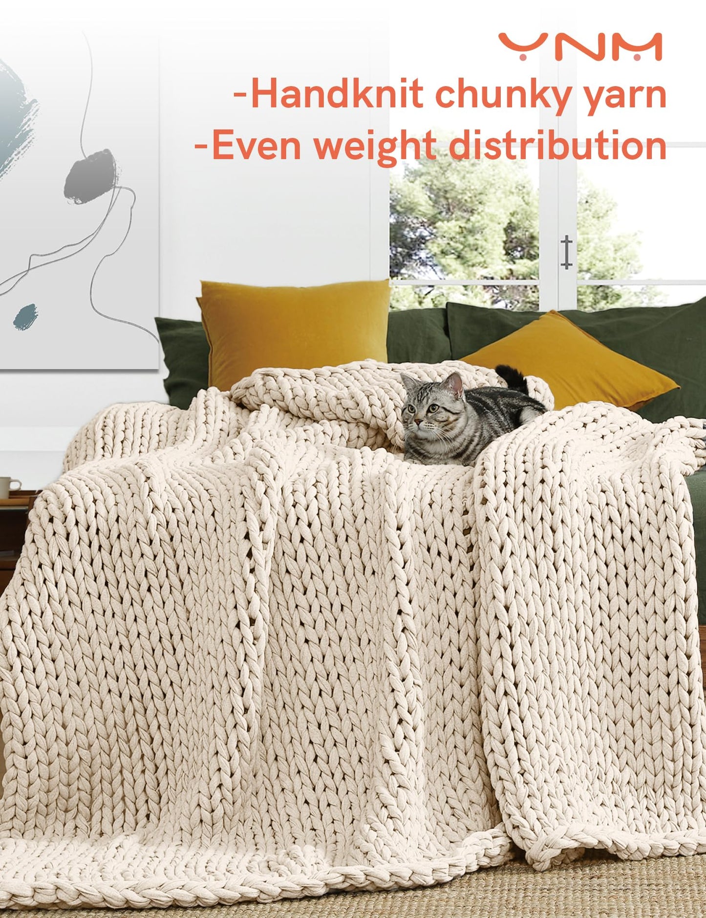 YnM Cotton Weighted Blanket, Handmade Chunky Knitted Design, Soft and Cozy, Temperature Regulating and Breathable, Machine Washable Throw for Sleep or Home Decor (Cream White, 43x50 Inch, 10lbs)