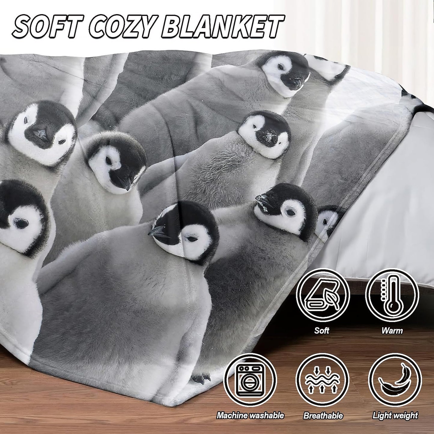 YISUMEI Realistic Antarctic Animals Blanket, Grey and White Penguins Resting on the Snow, Plush and Smooth Hand Feel for Kids Adults, 60"x80"