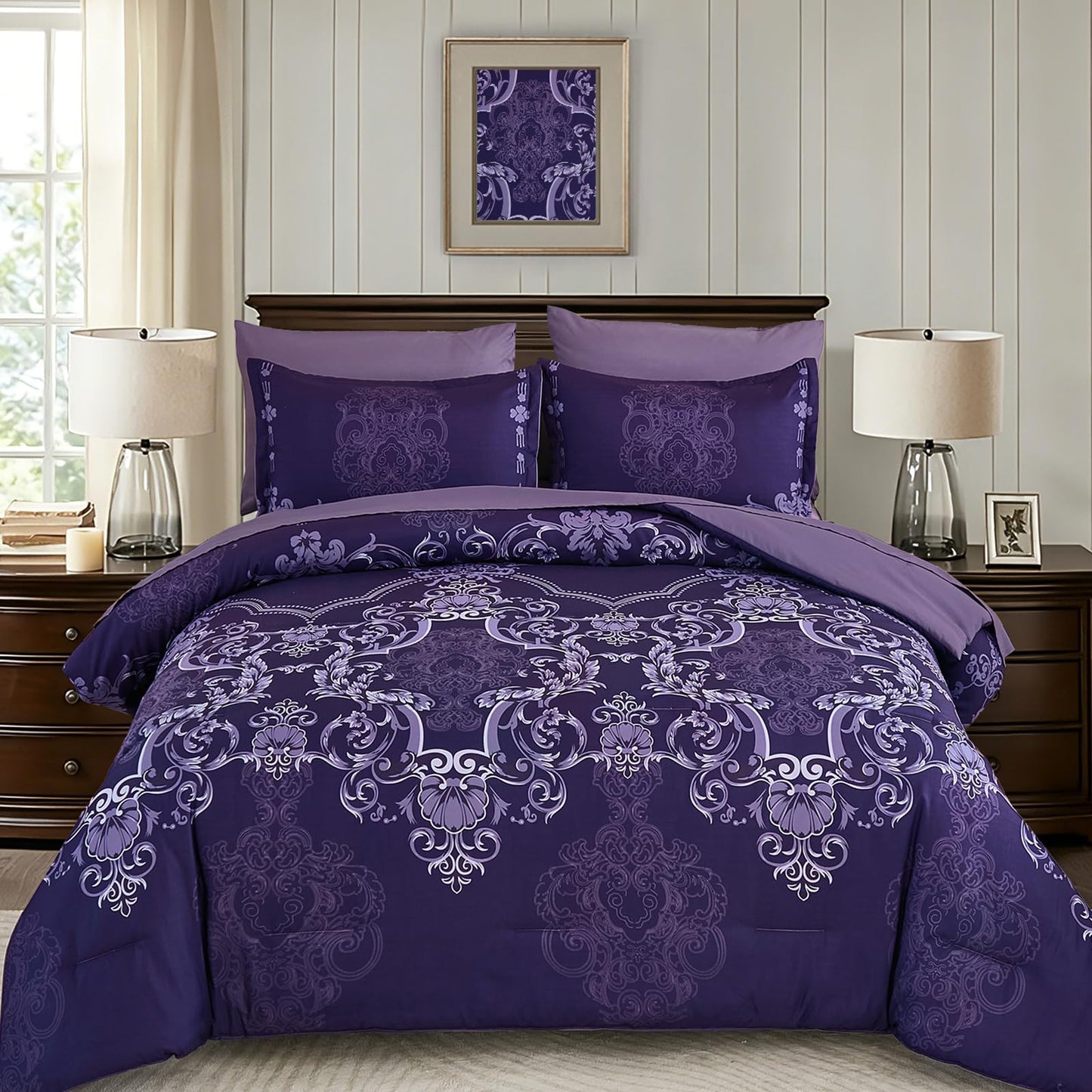 Mybedsoul 7 Pieces Dark Purple Comforter Set King Size, Damask Bed in a Bag for King Bed, Lightweight Microfiber Boho Bedding Sets with Comforter, Sheet, Pillowcases & Shams for All Season(90"x104")
