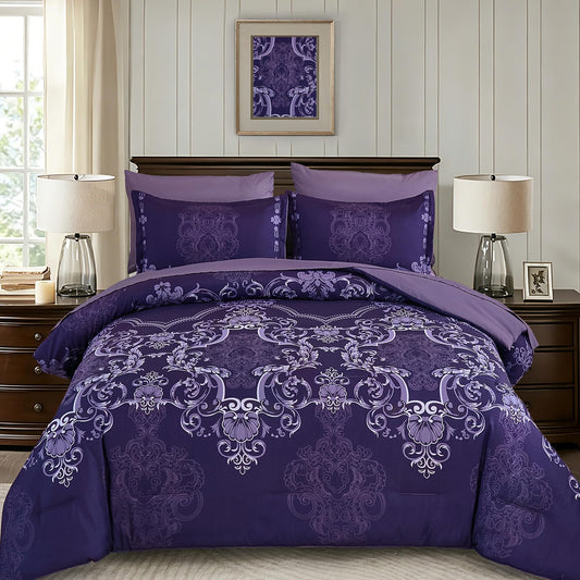 Mybedsoul 7 Pieces Dark Purple Comforter Set King Size, Damask Bed in a Bag for King Bed, Lightweight Microfiber Boho Bedding Sets with Comforter, Sheet, Pillowcases & Shams for All Season(90"x104")