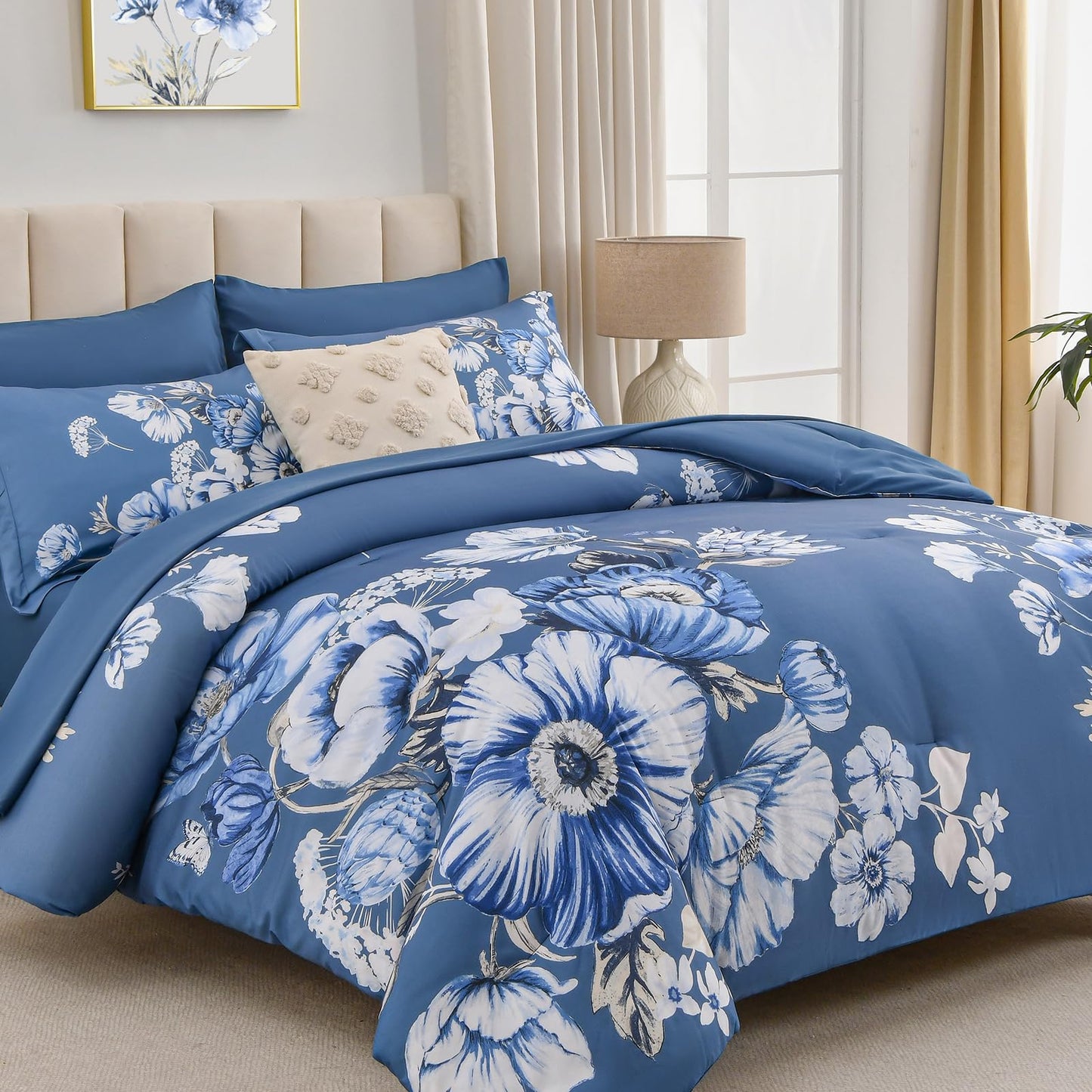 LLDSYW Queen Comforter Set - 7 Pieces Bed in a Bag Blue Floral Queen Comforter Set with Sheets, Soft Microfiber Flower Complete Bedding Set for All Seasons（Blue,90"x90"）