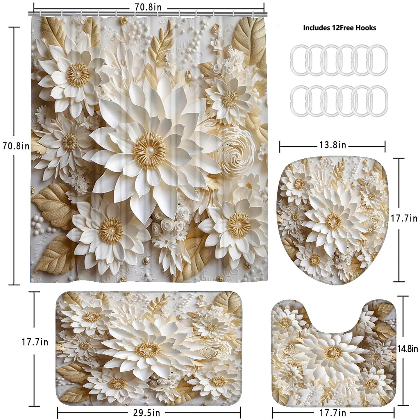 Chrainy 4Pcs 3D Floral Shower Curtain Sets Elegant White Blossom Flowers Bathroom Accessories Set Modern Minimalism Waterproof Spring Bathroom Decor with Rugs and 12 Hooks