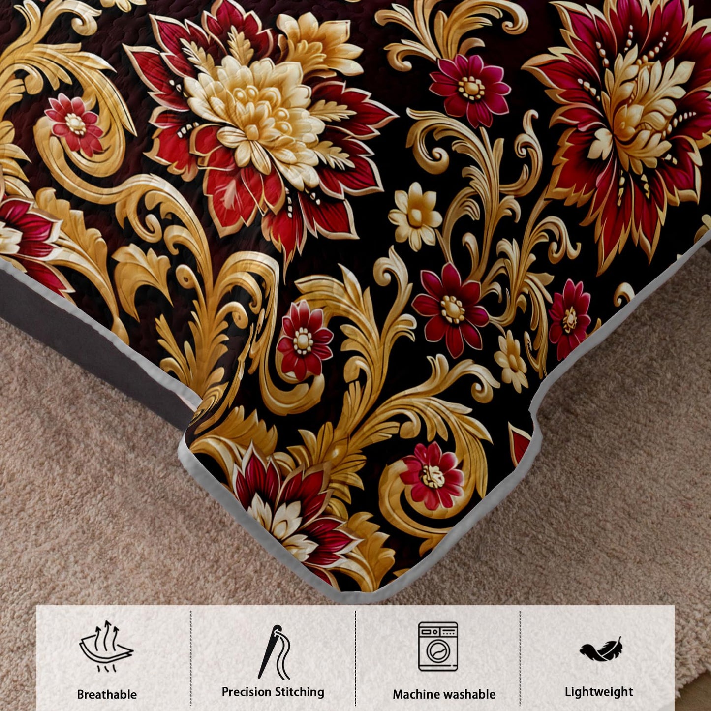 AILONEN Luxury Gold Floral Quilt Set - Elegant Flower King Bedspread Coverlet with 2 Pillowcases Room Decor for Adults & Bedroom
