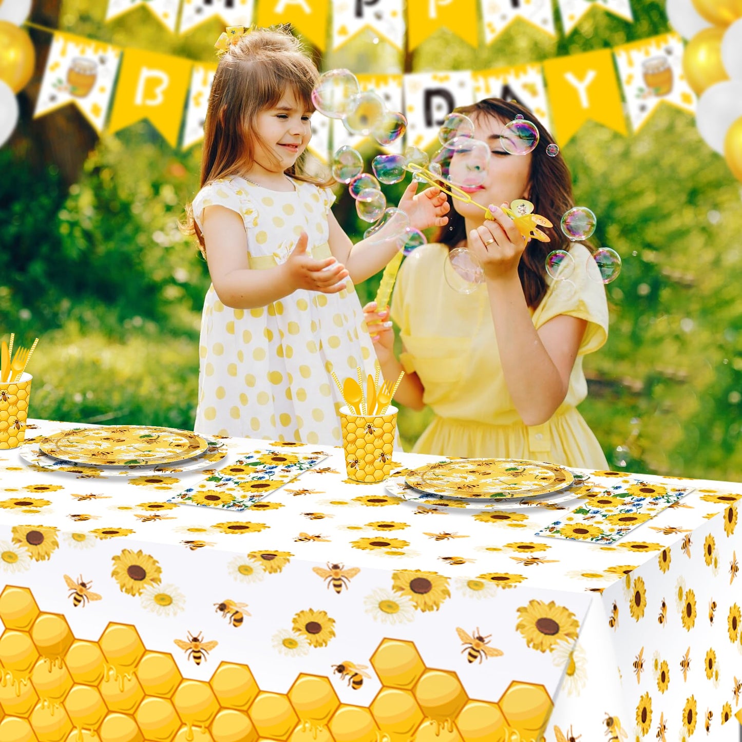 CC HOME 1Pc Bees Party Plastic Tablecloth 54 x 87 Inch Long Table Cover, Honey Sunflower Honeycomb Daisy Party Tablecover for Bee Kids Baby Shower Birthday Dinner Picnic Kitchen Event