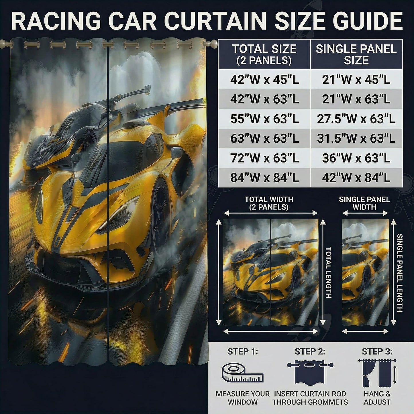 terxgrl Race Car Blackout Curtains for Boys Room, Racing Sports Car Window Drapes for Kids Bedroom, Yellow Black Supercar Darkening Curtains for Teen Gamer Room, 42 x 45 Inch