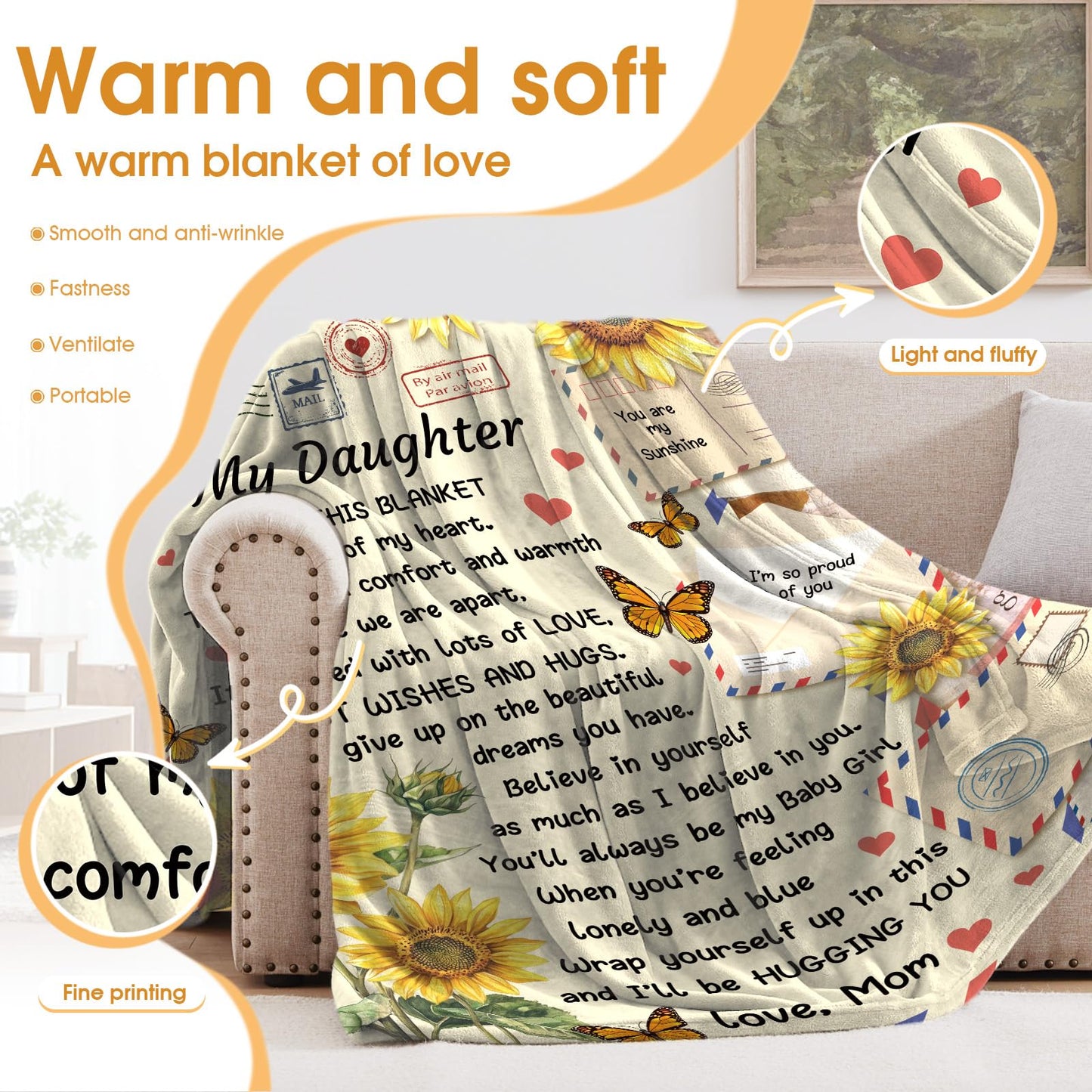 Hohoto Gifts for Daughter from Mom Dad, Best Wishes Throw Blanket for My Daughter Girls,Sunflower Inspirational Birthdays Graduation Wedding Present, Daughter Bedroom Decor Blanket 50"x60"