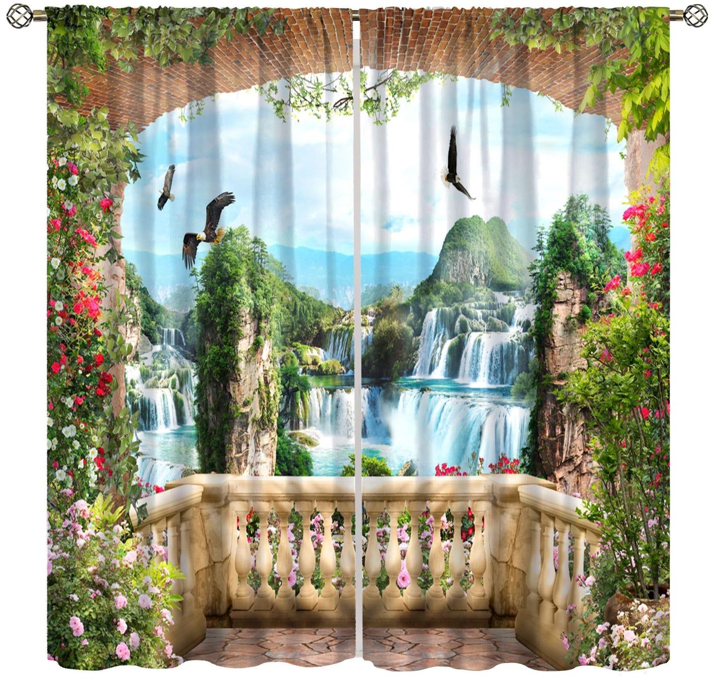 AAVEUP Italian Building Curtains for Kitchen,European Vintage Rustic Romantic Waterfall Natural Flower Landscape Architecture Window Treatments Print for Bedroom Living Room 42x45in（No Blackout）