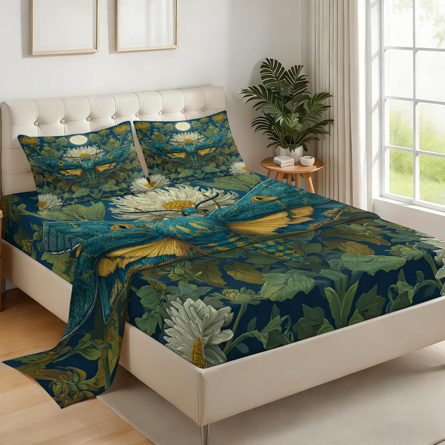 ZAOMIR Blue Gold Moth Bedding King for Adult, Vintage Chrysanthemum Gothic Bed Sheets Set 4 Pcs for Women, Dark Garden Deep Blue Botanical Sheets with 2 Pillowcases & Fitted Sheet & Flat Sheet