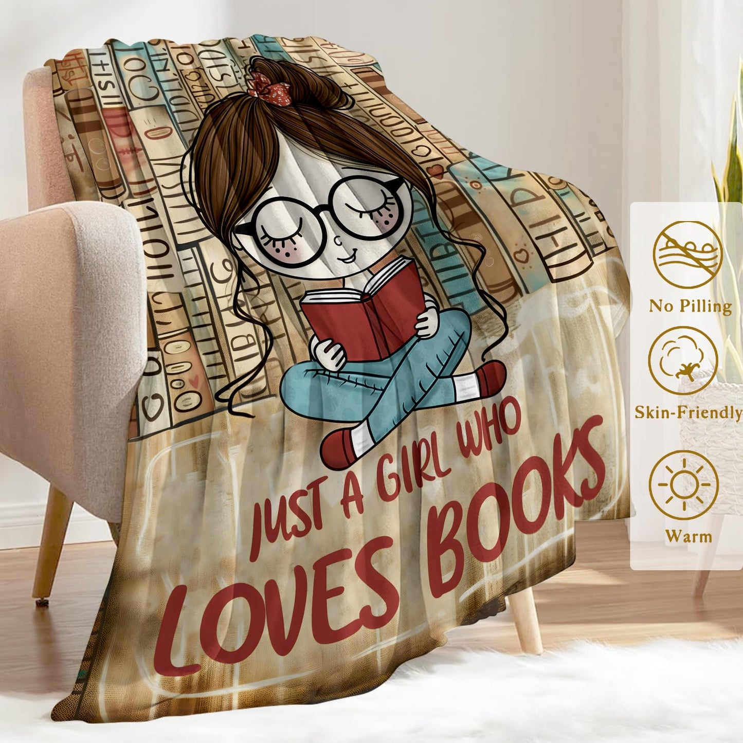 ainori Just a Girl Who Loves Books Flannel Blanket - Lightweight Soft Cozy Unique Gifts Blankets for Reader Lovers,Kids,Adult,Women, Cute Reading Nook Style Throw,Home Room Modern Decor 50x60in