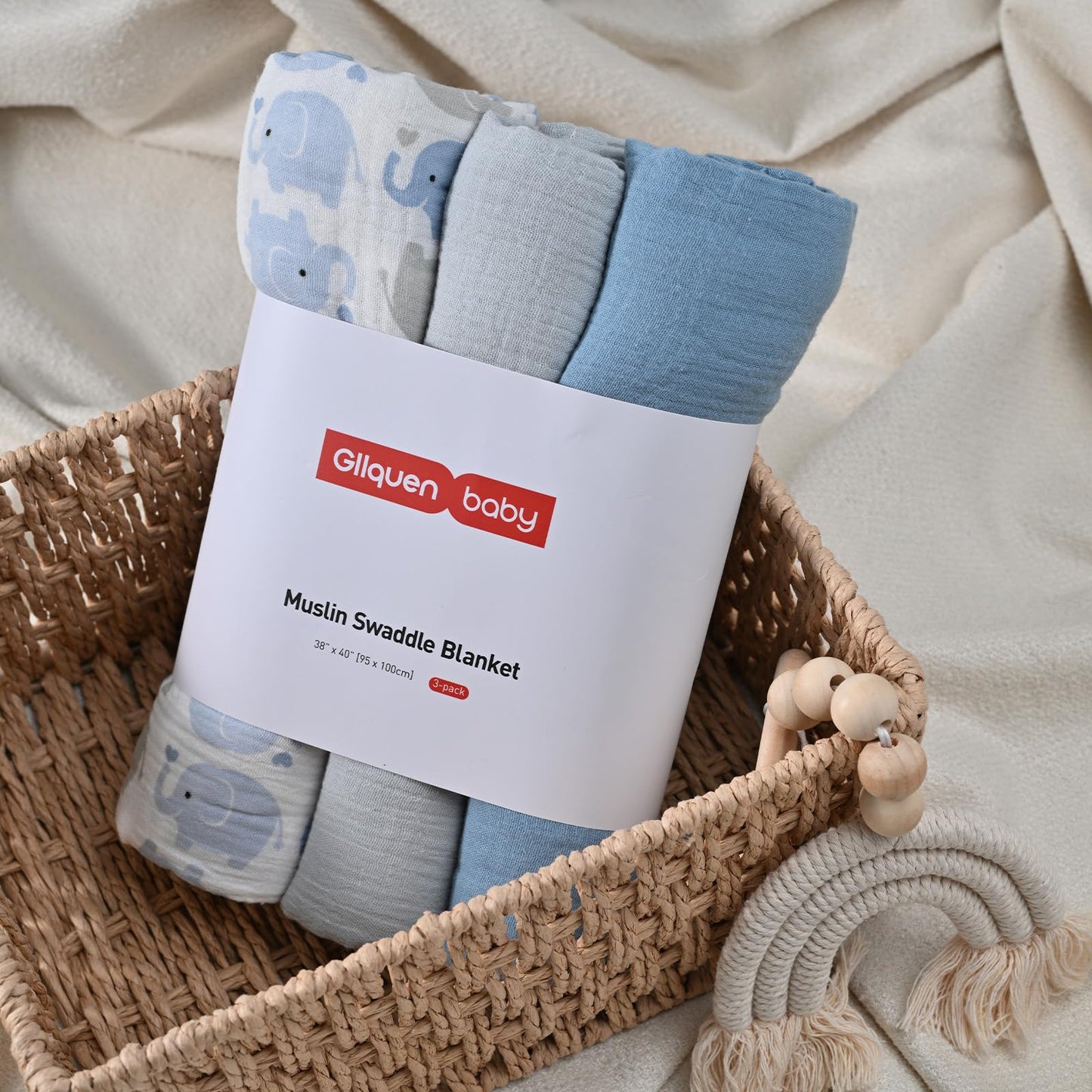 Muslin Swaddle Blankets for Newborn, 3-Pack Cotton Receiving Blankets, Large 40 x 38 inches, Baby Blankets for Boys and Girls, Wrap Burp Cloths, Registry Essentials, Shower Gifts, Elephant & Blue