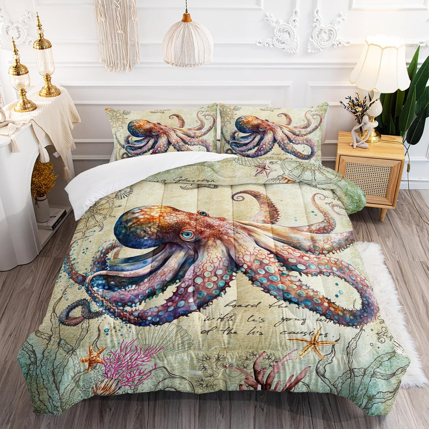 XYNHML Retro Octopus Comforter Set Twin Size 3Pcs Nautical Coastal Compass Bedding Set Starfish Jellyfish Seaweed Quilt Bed Set for Boys Girls with 1 Comforter and 2 Pillowcases
