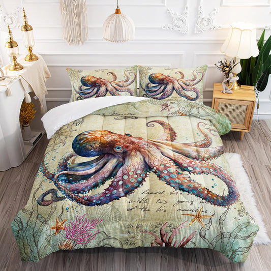 XYNHML Retro Octopus Comforter Set Twin Size 3Pcs Nautical Coastal Compass Bedding Set Starfish Jellyfish Seaweed Quilt Bed Set for Boys Girls with 1 Comforter and 2 Pillowcases