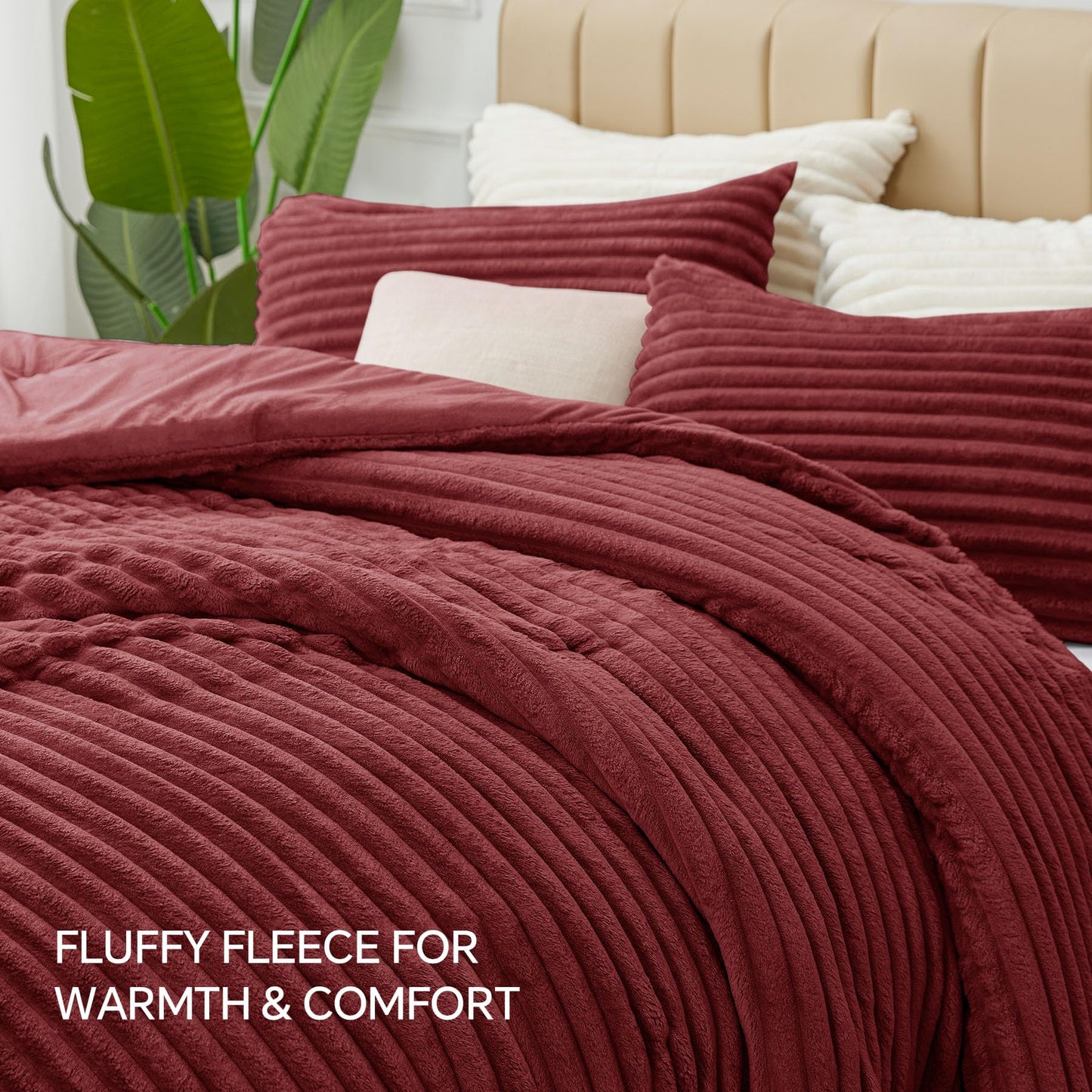 BEDELITE Fleece Queen Comforter Set -Super Soft & Warm Fluffy Burgundy Bedding, Luxury Fuzzy Heavy Bed Set for All Season with 2 Pillow Cases