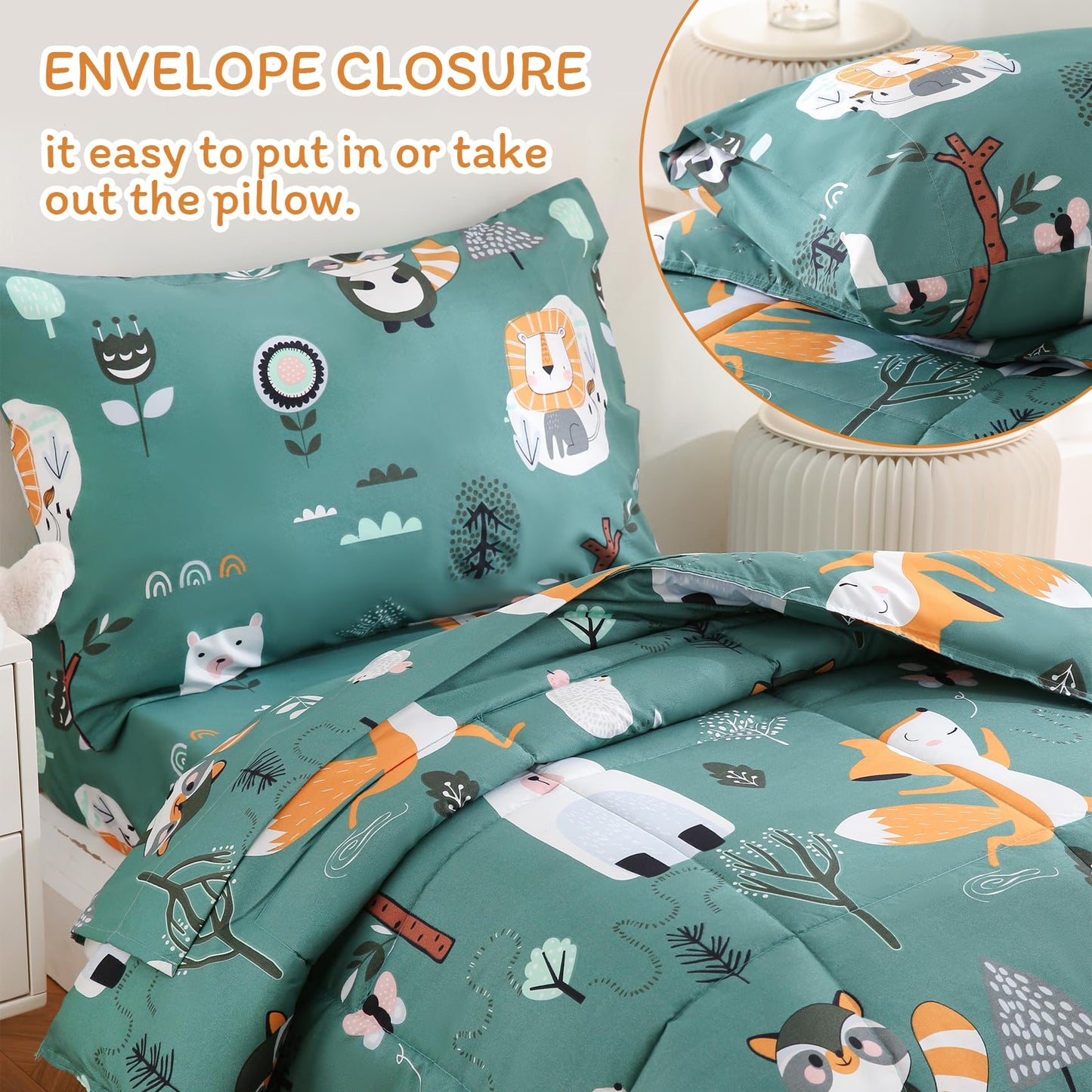 JSD Green Forest Animals Toddler Bedding Set, 4 Piece Bed-in-Bag Toddler Comforter Sheet Set, Machine Washable