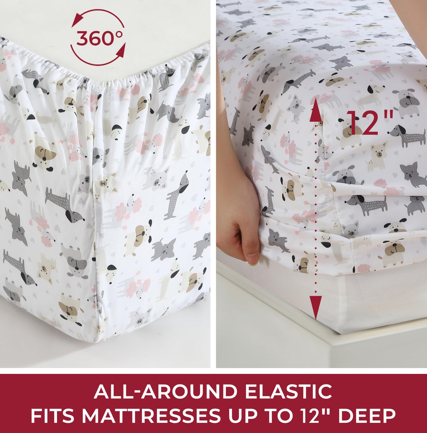 Beatrice Home Fashions Printed Microfiber Sheet Set, Soft Comfortable Easy Care, Includes 1 Fitted Sheet with 12" Deep Pockets, 1 Flat Sheet, Pillowcase, Full, White Puppy Love