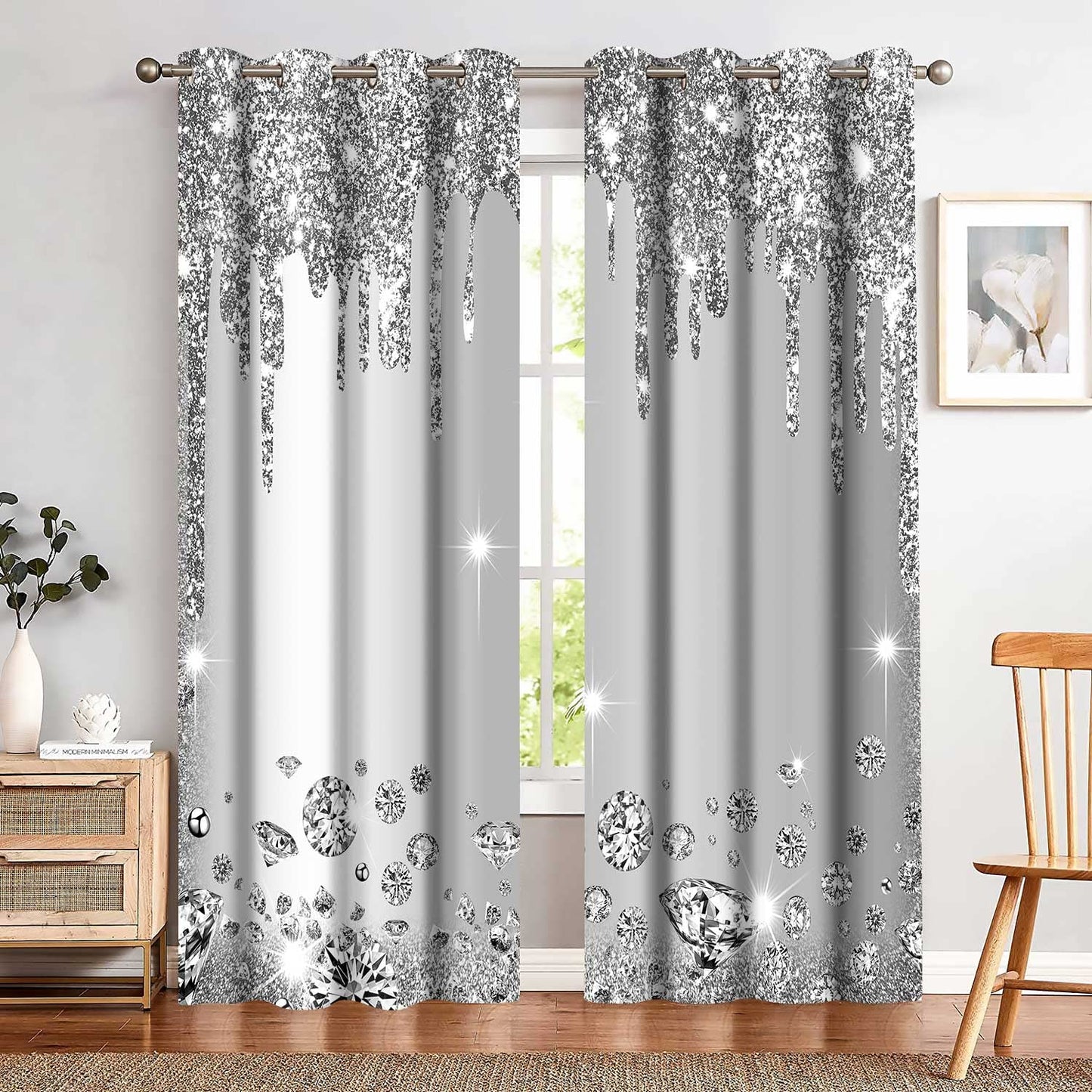 MIZSYE Sparkling Diamond Curtains Silver Shiny Drips Wall Decoration Inspiration Aart Blackout Curtains for Bedrooms Living Rooms Girls Bedroom 2 Panels 42x84inch CLZYMS52