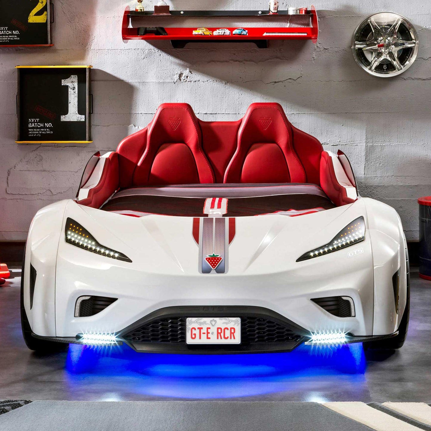 Cilek GTS EV Twin Kids Race Car Bed with Remote Control, LED Lights & Sounds, Vegan Leather Headboard, Guardrails, Non-Toxic, Fits Twin Mattress, White