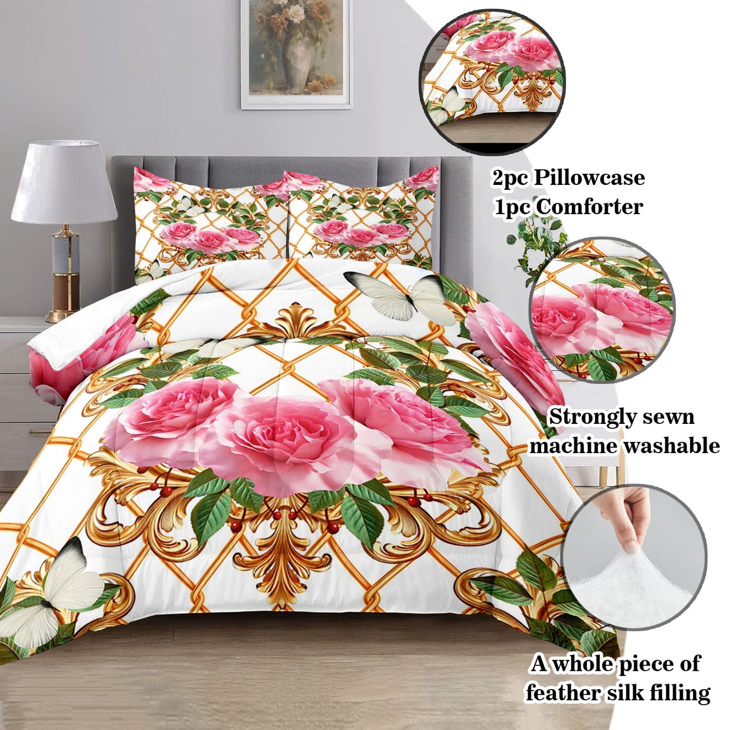 Raphus cucullatus Floral Comforter Set Twin Size,Pink Flower Bedding Set,Flower Quilt Twin Size,Botanical Rose Bedding Pretty Floral Comforter Set