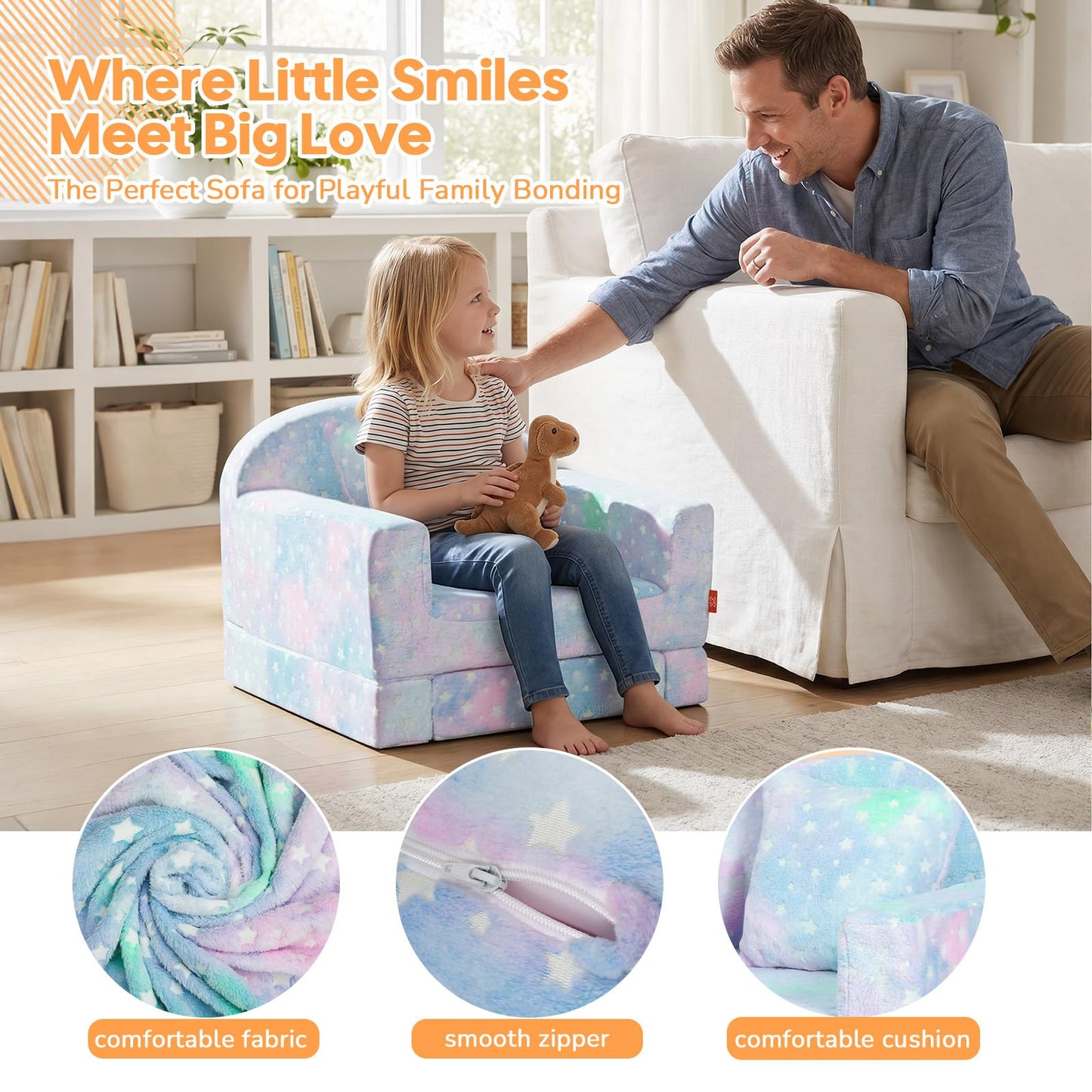 MeMoreCool Glowing Star Kids Chair, 2-in-1 Convertible Kids Couch Fold Out to Lounger, Glow-in-the-Dark Star Sofa for Boys Girls, Soft Foam Flip-Out Seat with Washable Cover