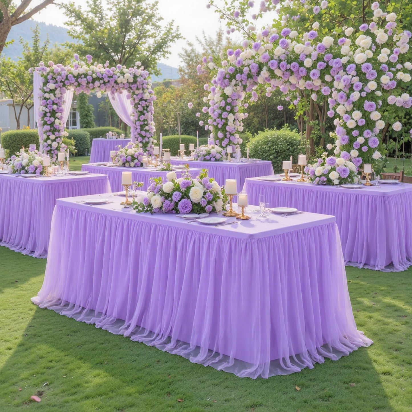 Suppromo 4 Pack 6ft Lavender Tulle Tablecloths for Rectangle Tables, 6 Foot Rectangular Table Cloth Wrinkle Free Table Cover with Tutu Skirt for Wedding Baby Shower Birthday Party Banquet Buffet Cake