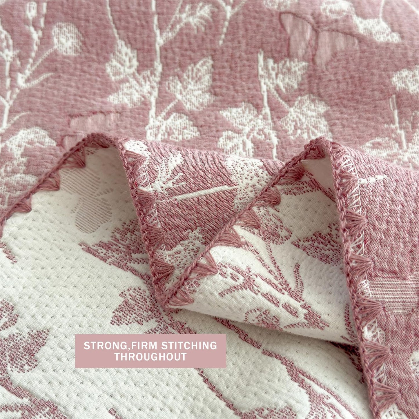 SANACYNA Cotton Muslin Blankets for Adults Leaves Pink Twin Size Quilt 3-Layer Reversible Lightweight Breathable Lap Throw Quilt for Sofa Couch Bed All Season RV (Leaves Pink, Twin 60 x 80 in)
