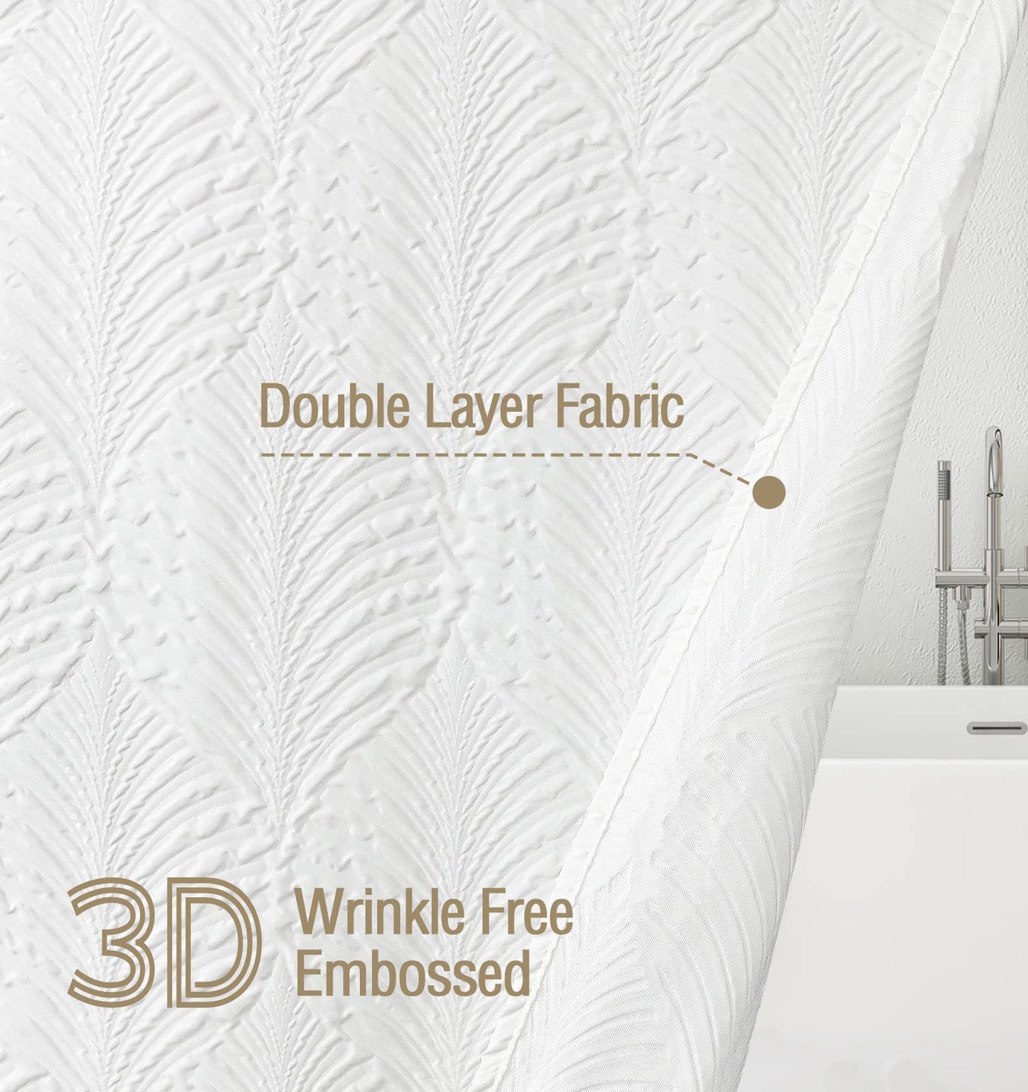 Gibelle White Shower Curtain for Bathroom, 3D Embossed Textured Fabric Shower Curtain, Modern Farmhouse Chic Soft Cloth Shower Curtain Set, 72x72