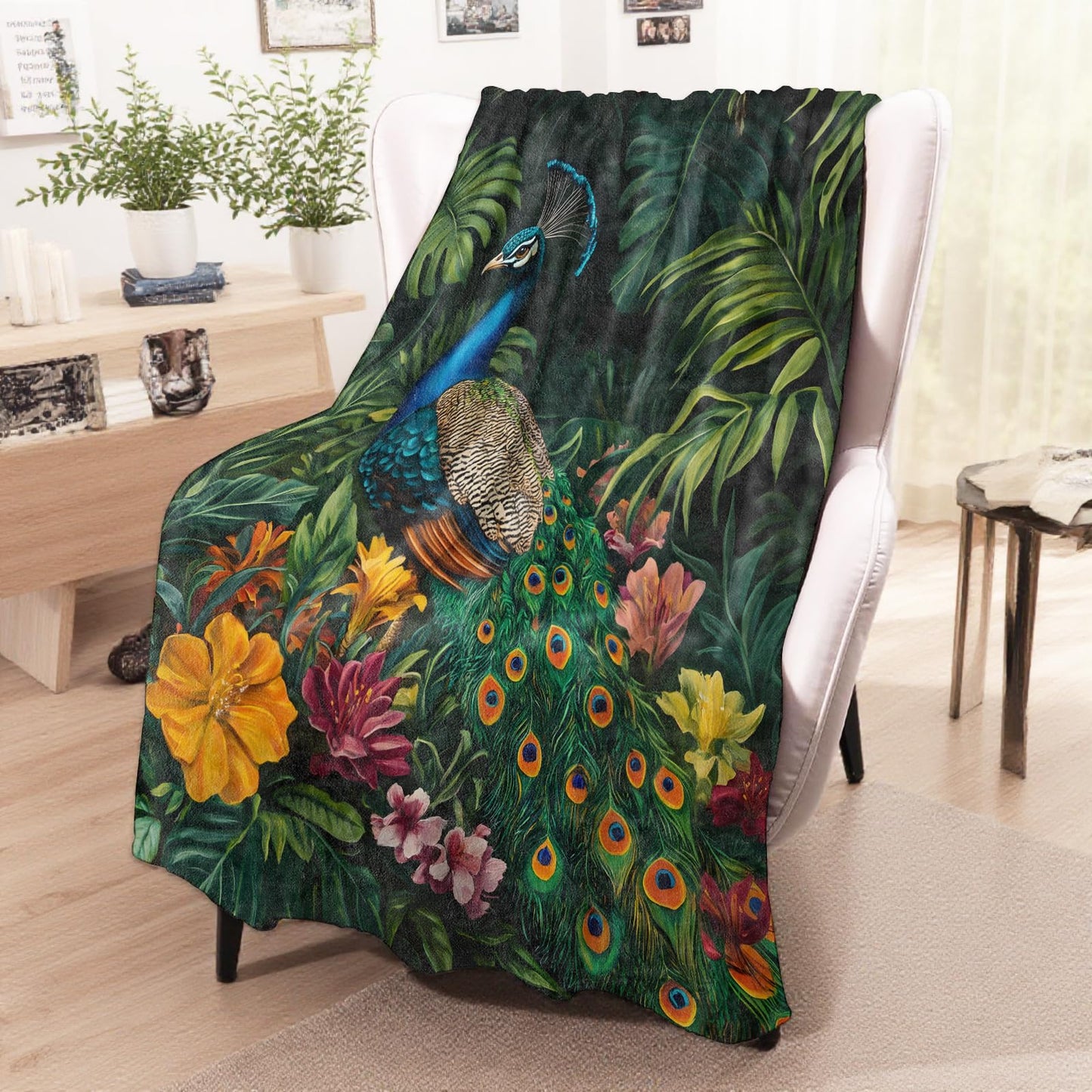 wyxdwh Elegant Peacock Blanket, Cozy Flannel Pretty Peacocks Throw Blanket for Couch Outdoor, Plush Soft Lightweight Travel Jungle Blankets for Bed Decor & Gifts, for Women Girls Adults Kids 50"x60"