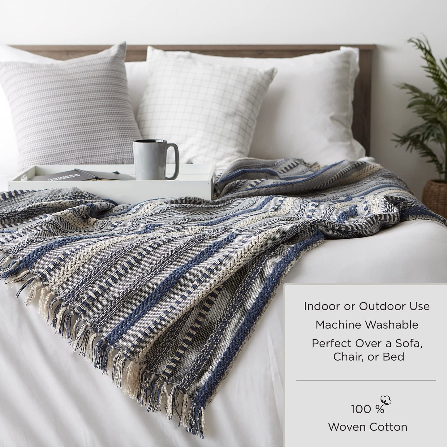 DII Buffalo Check Collection Rustic Farmhouse Throw Blanket with Tassles, 50x60, Navy/Off-White