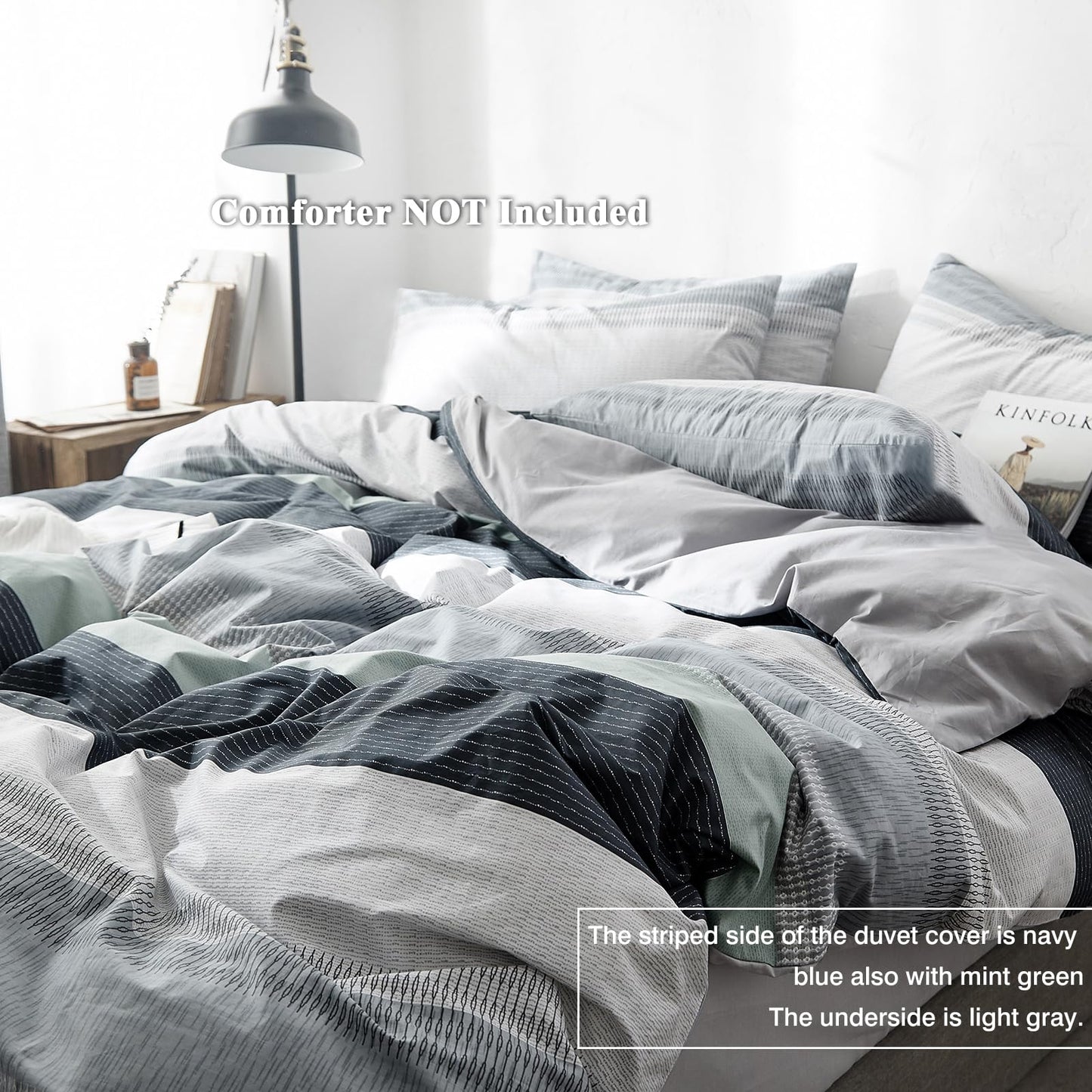 VM VOUGEMARKET Bedding Striped Duvet Cover Queen,3 Pieces Blue Gray Duvet Cover Sets, Cotton,Modern Simple Comforter Cover for Teens Men-Full/Queen,Martin