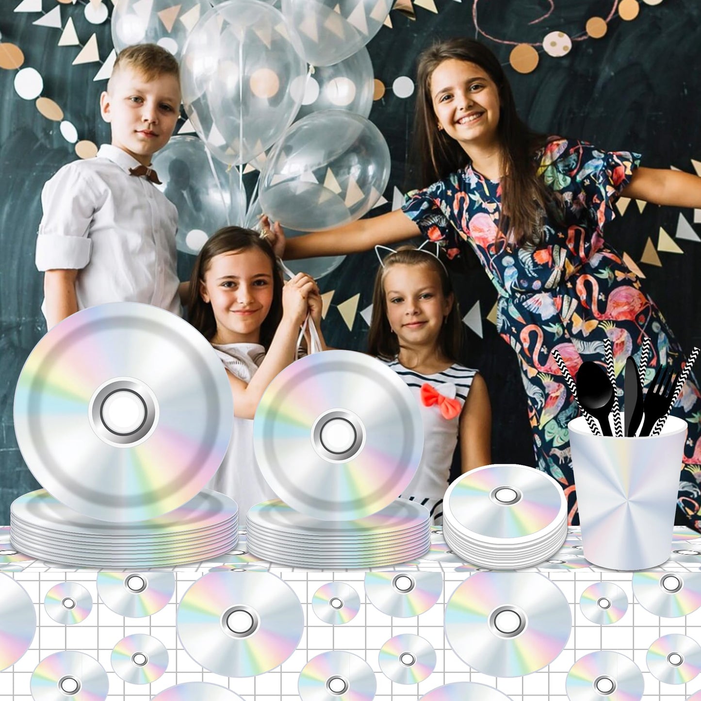 CC HOME 1Pc CD Disc Party Plastic Tablecloth 54 x 87 Inch Long Table Cover, CD Disc Music Party Tablecover for Music Festival Theme Kids Baby Shower Birthday Dinner Picnic Kitchen Event