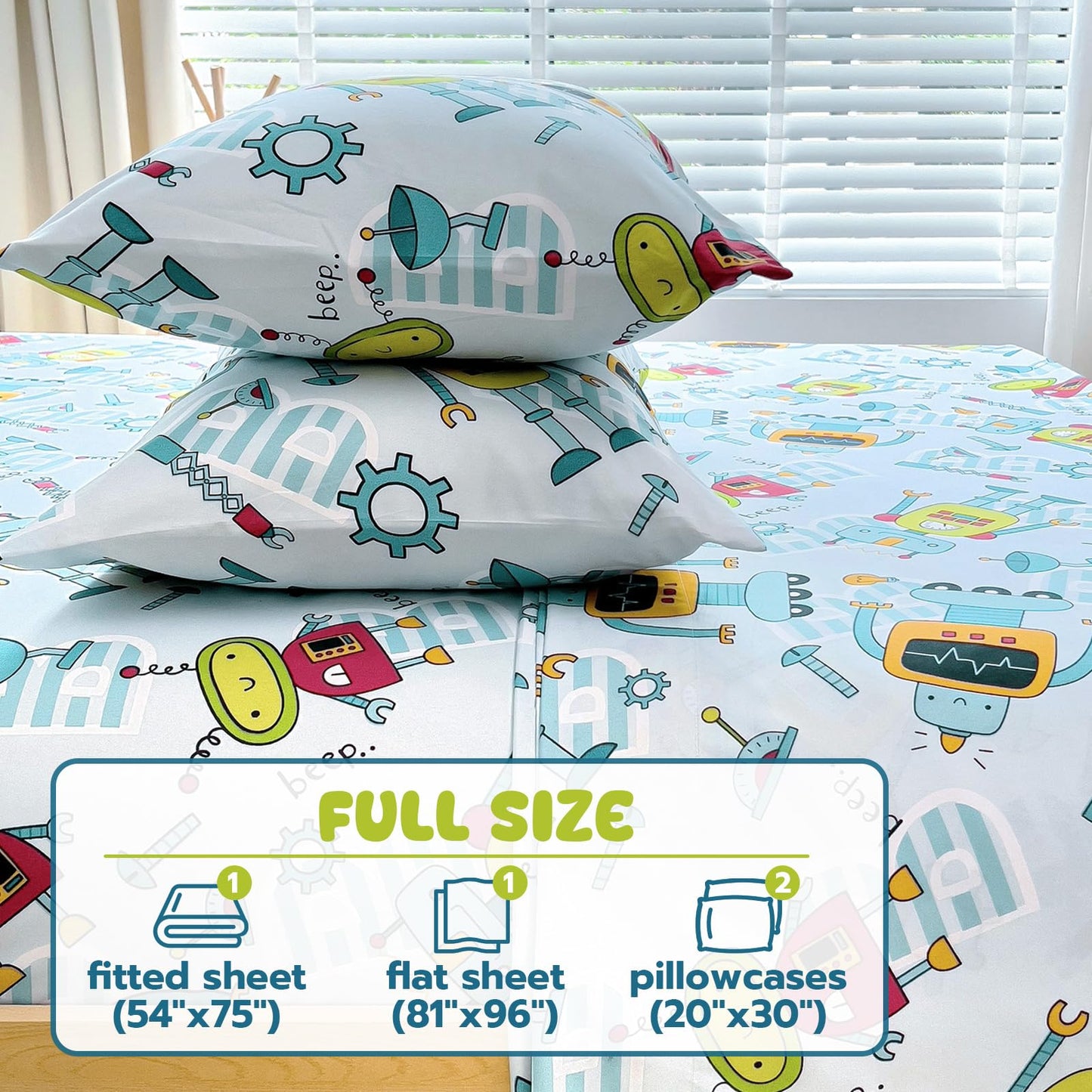 Homilay Full Sheet Set Kids - Old-Fashioned Robot 4 Pieces Soft Microfiber Cartoon Style Bedsheets for Boys Girls Teens, Oeko TEX Breathable 15 Inch Deep Pocket Sheets(Robot)