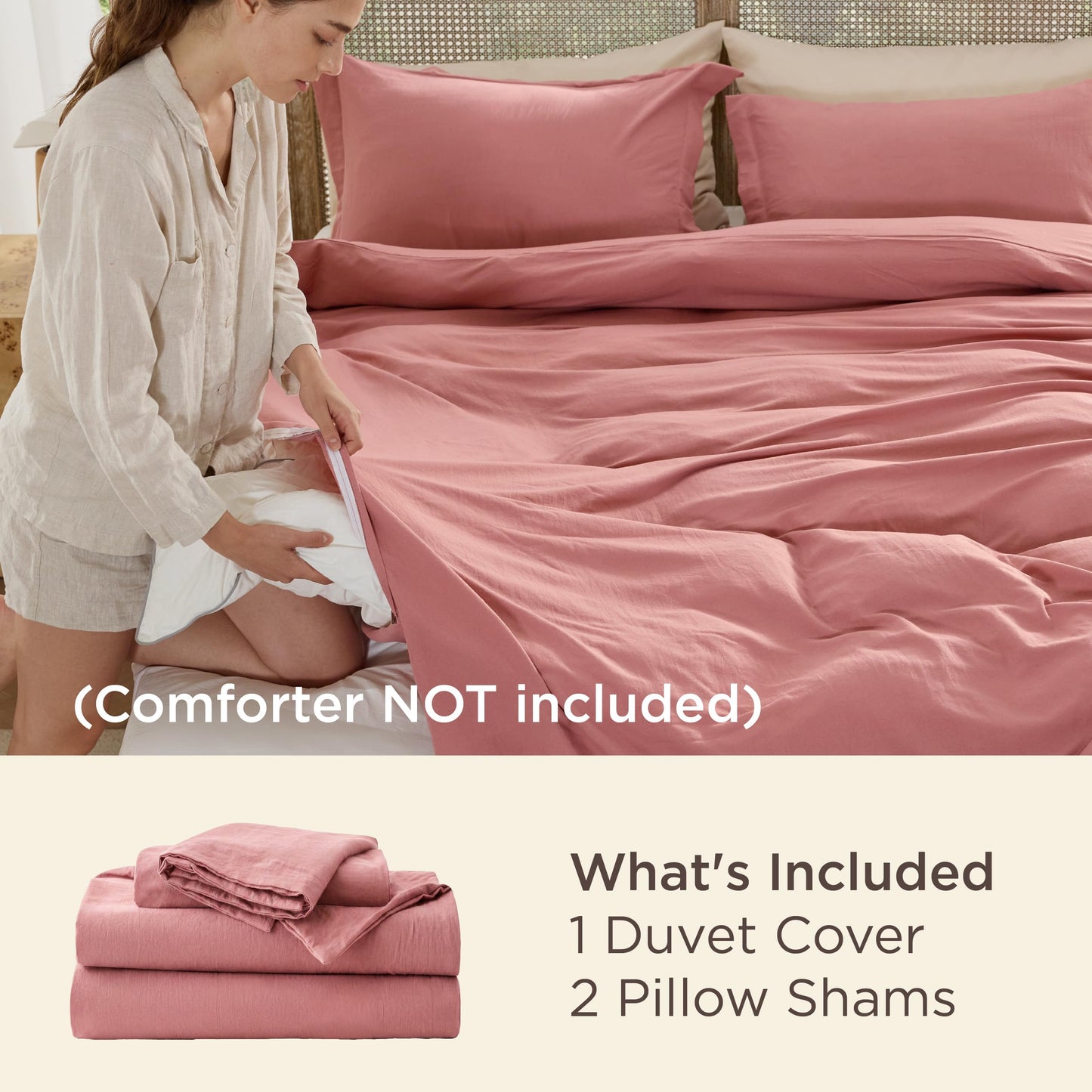 Bedsure Pink Clay Duvet Cover Queen Size - 3 Pieces Prewashed Cotton-Like Extra Soft Bedding Set, Includes 1 Duvet Cover 90x90 Inches with Zipper Closure & 2 Pillow Shams, Comforter Not Included