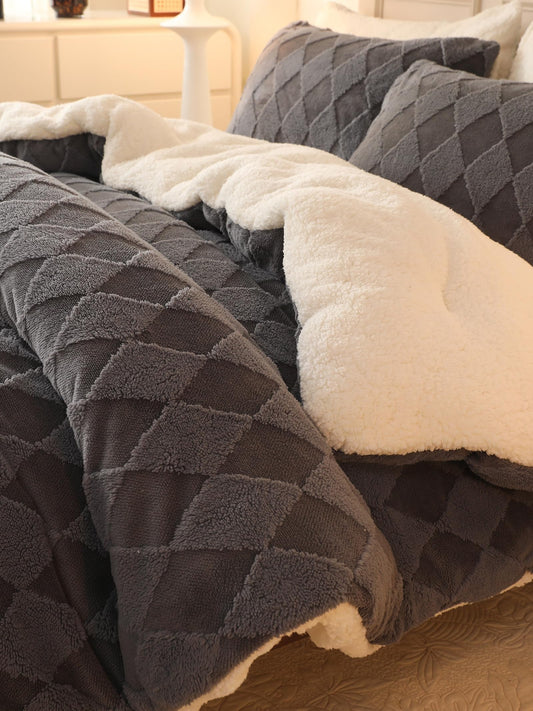 hadamick Tufted Fleece Comforter Set King - Super Soft Warm Fluffy Shaggy Bedding Sets, Diamond Plaid Jacquard Bed Set for Winter, 1 Sherpa Comforter with 2 Pillow Cases (104"X90" Grey)