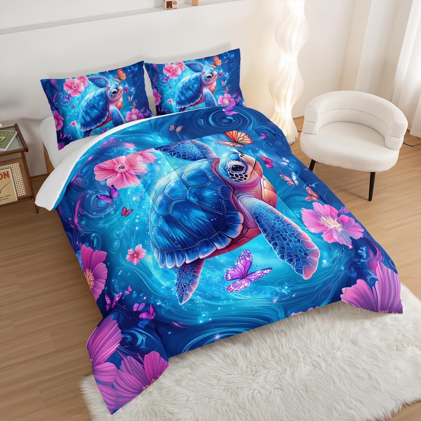 UEVBF Blue Coastal Bedding Sea Turtle Comforter Set Queen Size,Pink Flowers and Butterflies Pattern Bed Sets for Toddler Kids Girls Room Decor,Ocean Themed Bedding Sets with 2 Pillowcases.