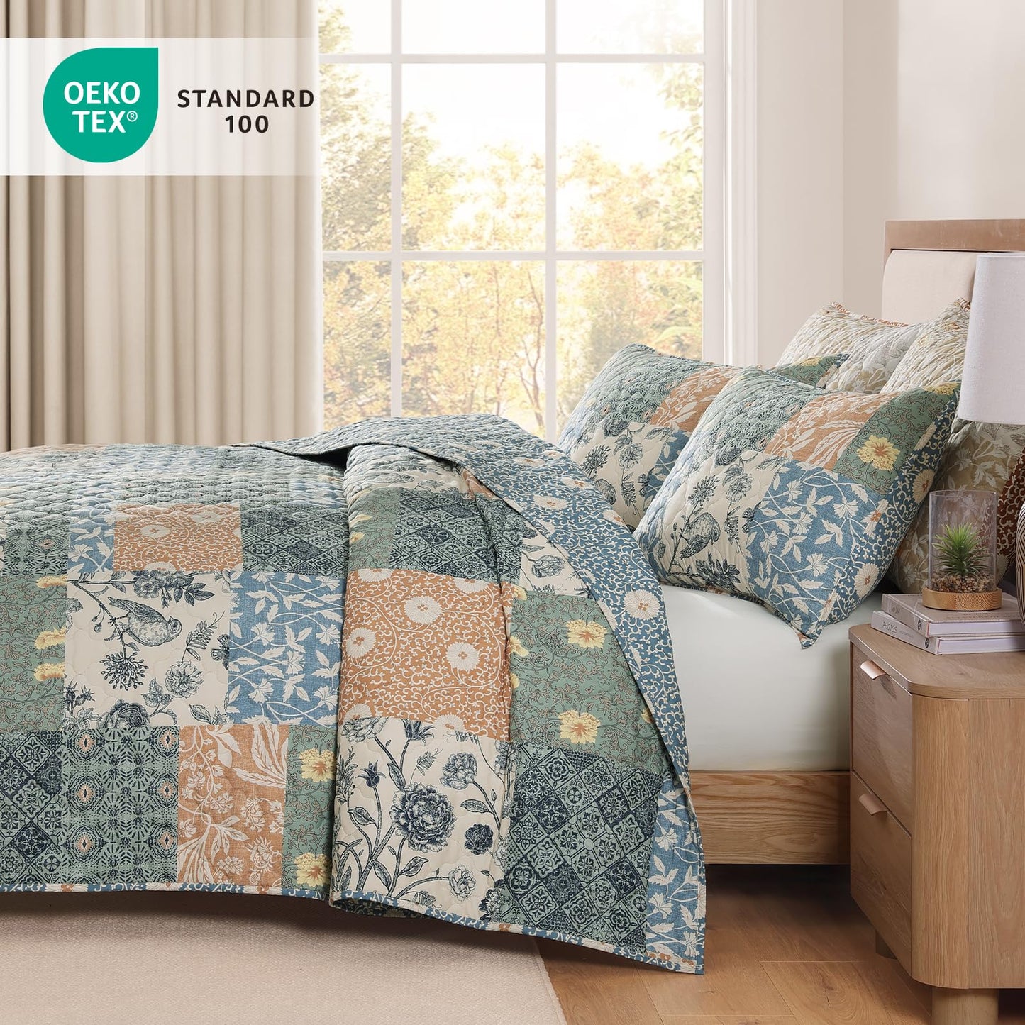 CASAAGUSTO Queen Quilt Set - 3 Pieces Patchwork Green Quilt Bedding Set, Lightweight Queen Bedspread Coverlet, Reversible Floral Bed Cover for All Seasons (90"x94", 1 Quilt + 2 Pillow Shams)