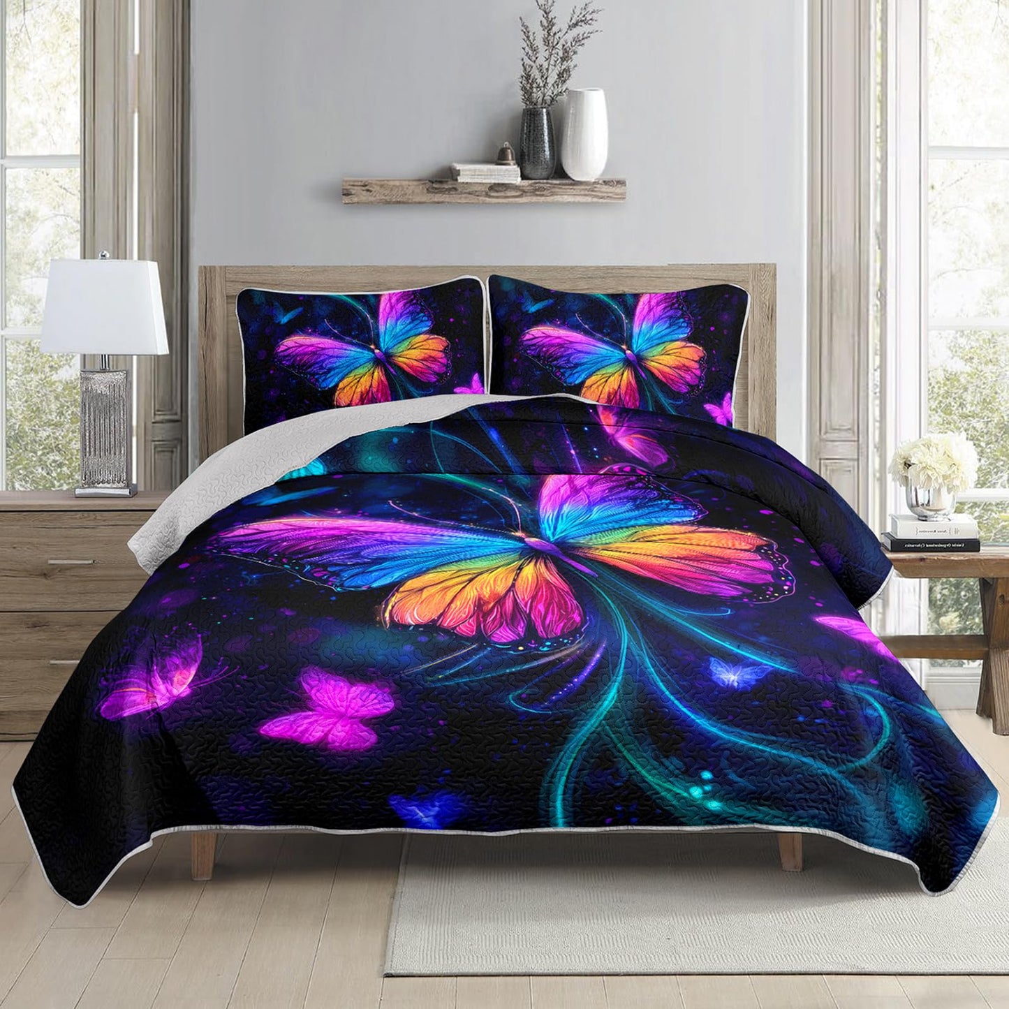 AILONEN 3-Piece Rainbow Butterfly Quilt Set Queen Size - Beautiful Bedspread Fantasy Butterflies Coverlet for Kids Girls Women,Soft Lightweight Quilt,2 Pillowcases