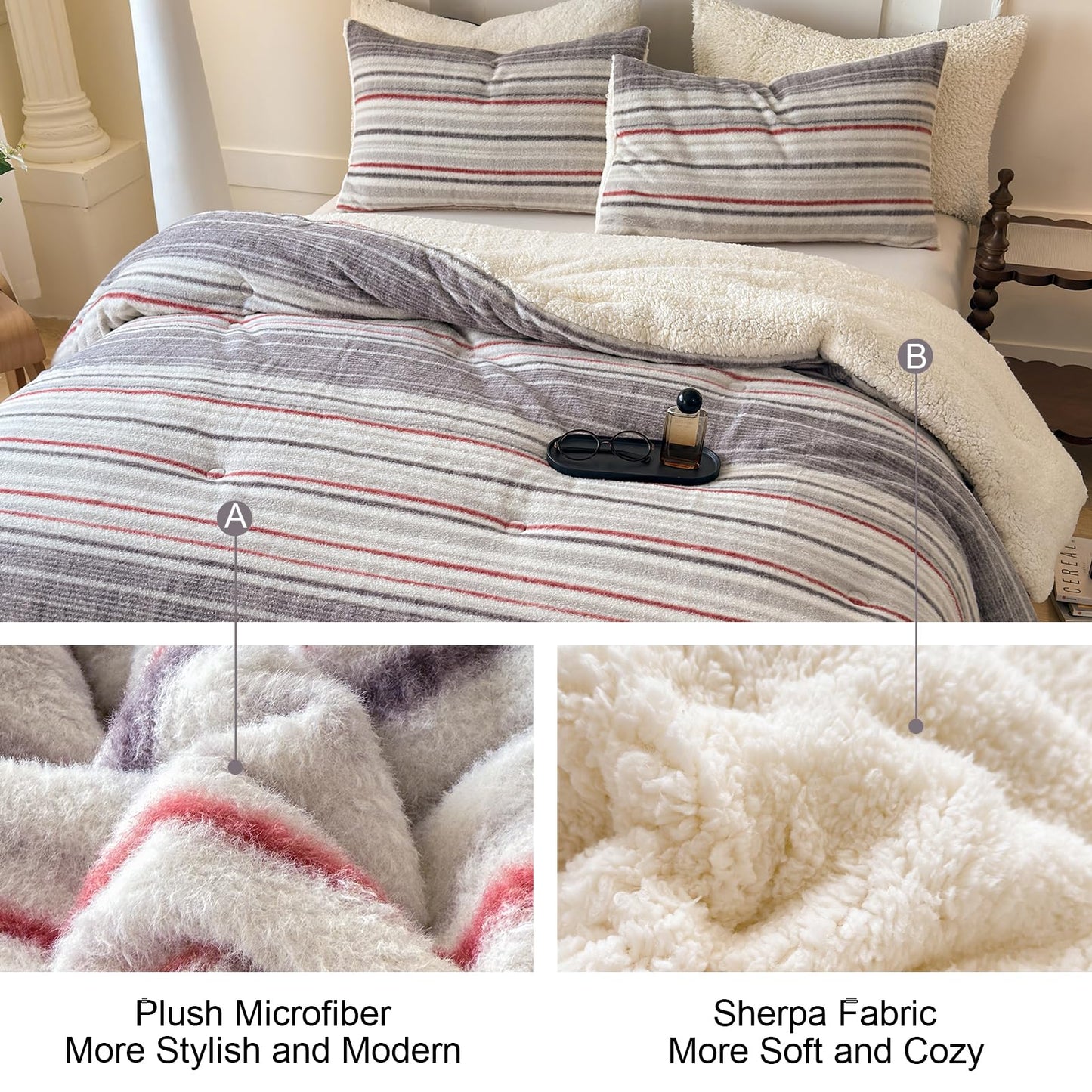 Cyusri Striped Sherpa Comforter Set 2Pcs Fluffy Warm Fleece Down Alternative, Grey Red Bedding Set with 1 Pillowcase, Twin Size 68"x90"